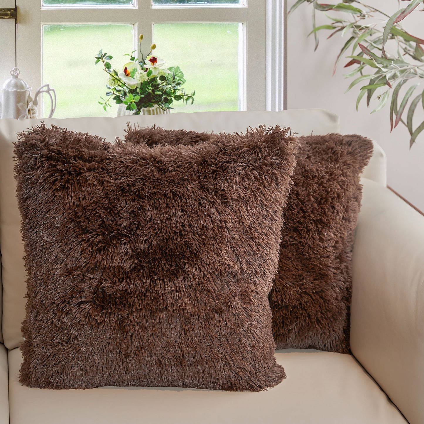 Cheer Collection Set of 2 Shaggy Long Hair Throw Pillows | Super Soft and Plush Faux Fur Accent Pillows - 18 x 18 inches