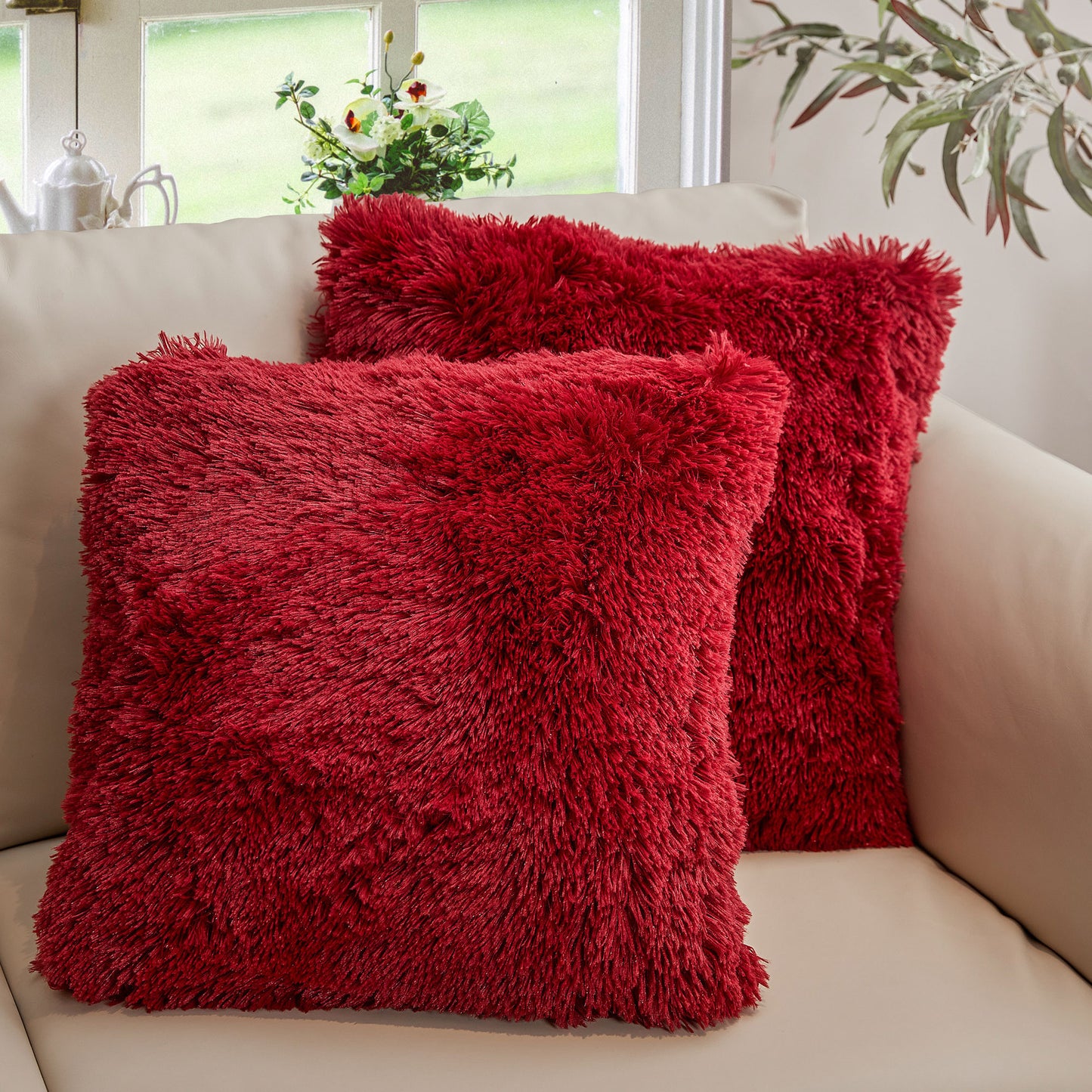 Cheer Collection Set of 2 Shaggy Long Hair Throw Pillows | Super Soft and Plush Faux Fur Accent Pillows - 18 x 18 inches