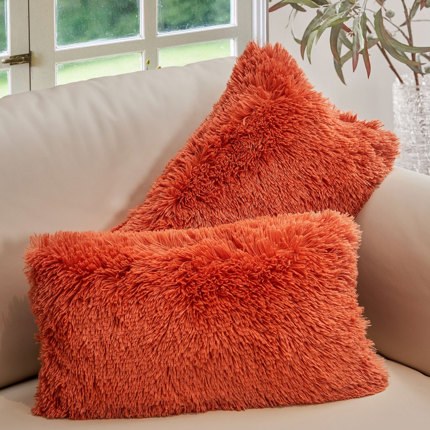 Cheer Collection Shaggy Long Hair Throw Pillows - Super Soft and Plush Faux Fur Lumbar Accent Pillows - 12 x 20 - Set of 2