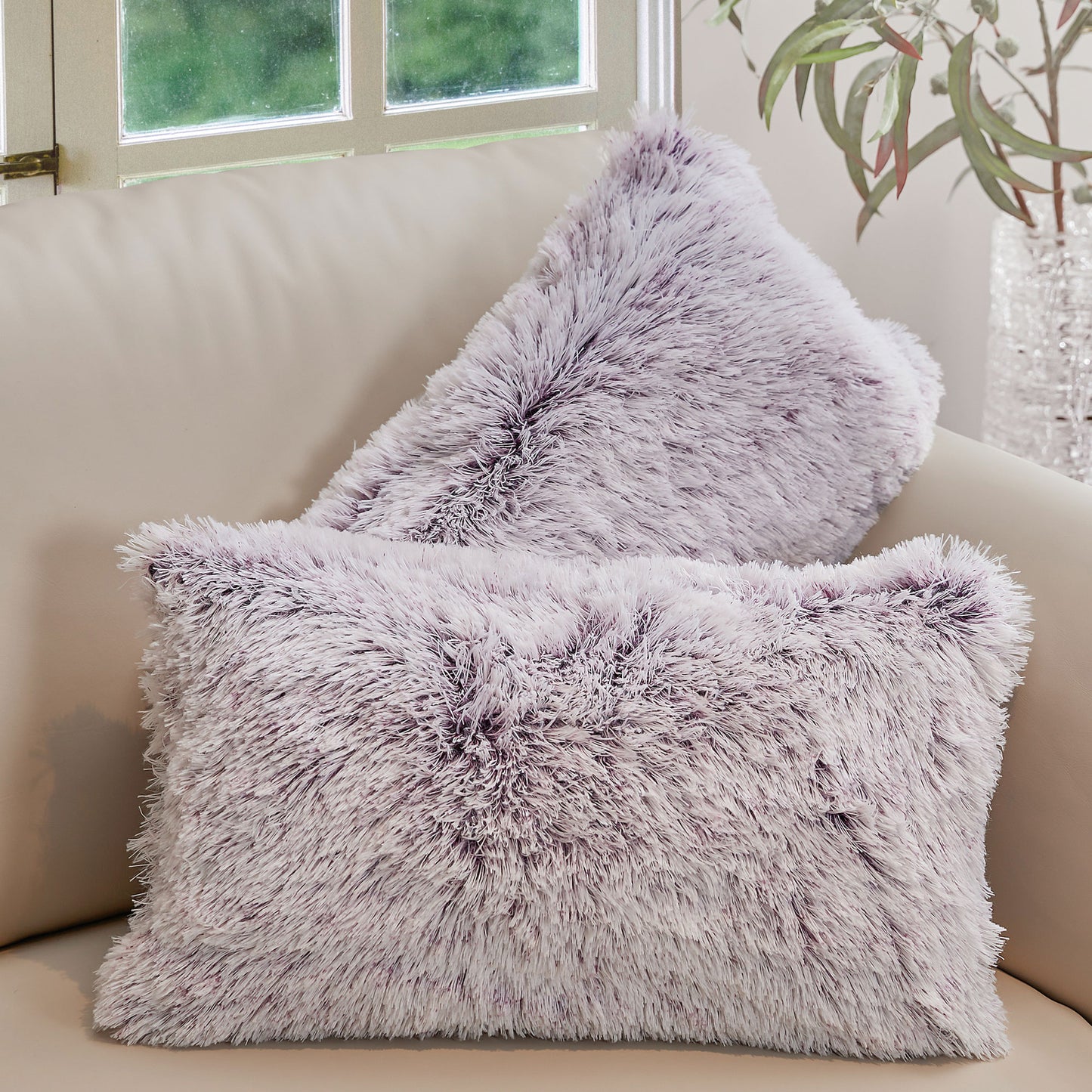 Cheer Collection Shaggy Long Hair Throw Pillows - Super Soft and Plush Faux Fur Lumbar Accent Pillows - 12 x 20 - Set of 2