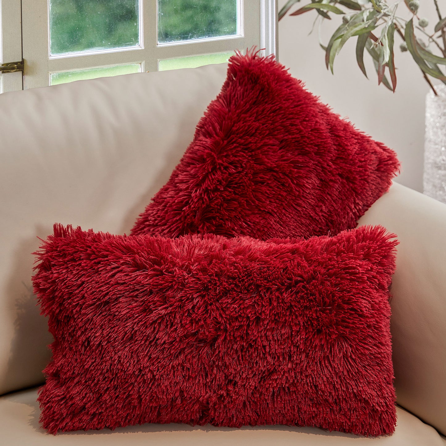 Cheer Collection Shaggy Long Hair Throw Pillows - Super Soft and Plush Faux Fur Lumbar Accent Pillows - 12 x 20 - Set of 2