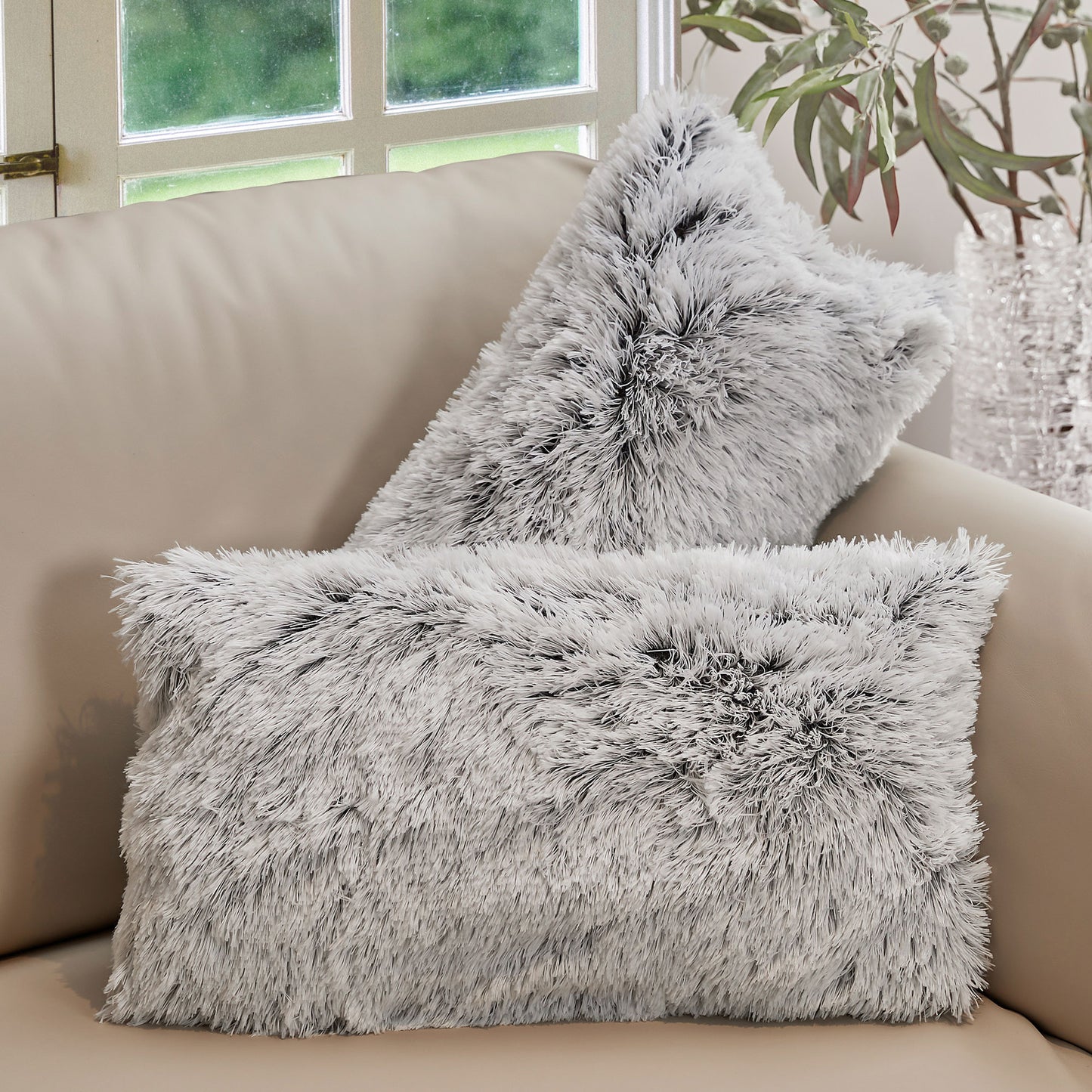 Cheer Collection Shaggy Long Hair Throw Pillows - Super Soft and Plush Faux Fur Lumbar Accent Pillows - 12 x 20 - Set of 2