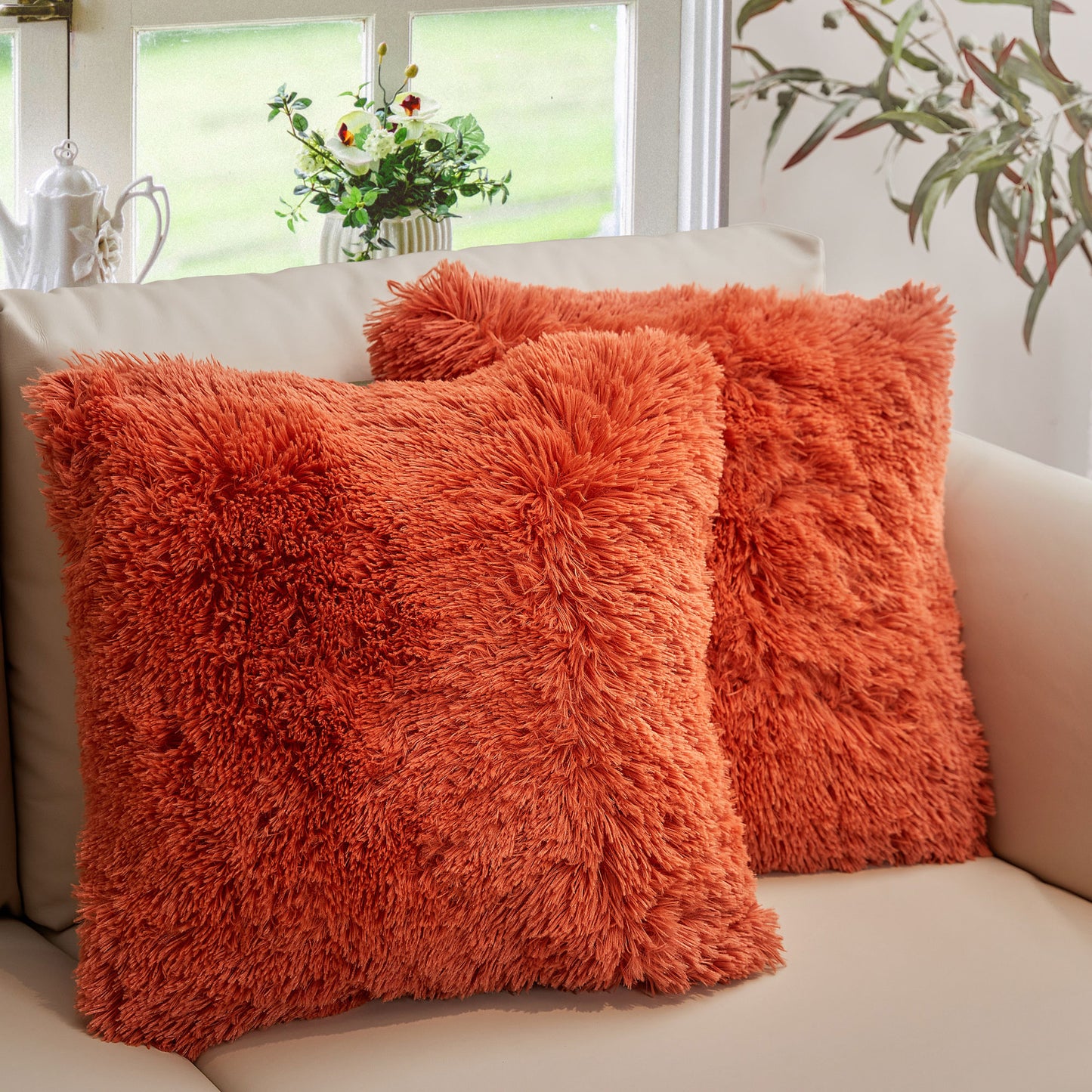 Cheer Collection Set of 2 Shaggy Long Hair Throw Pillows | Super Soft and Plush Faux Fur Accent Pillows - 18 x 18 inches