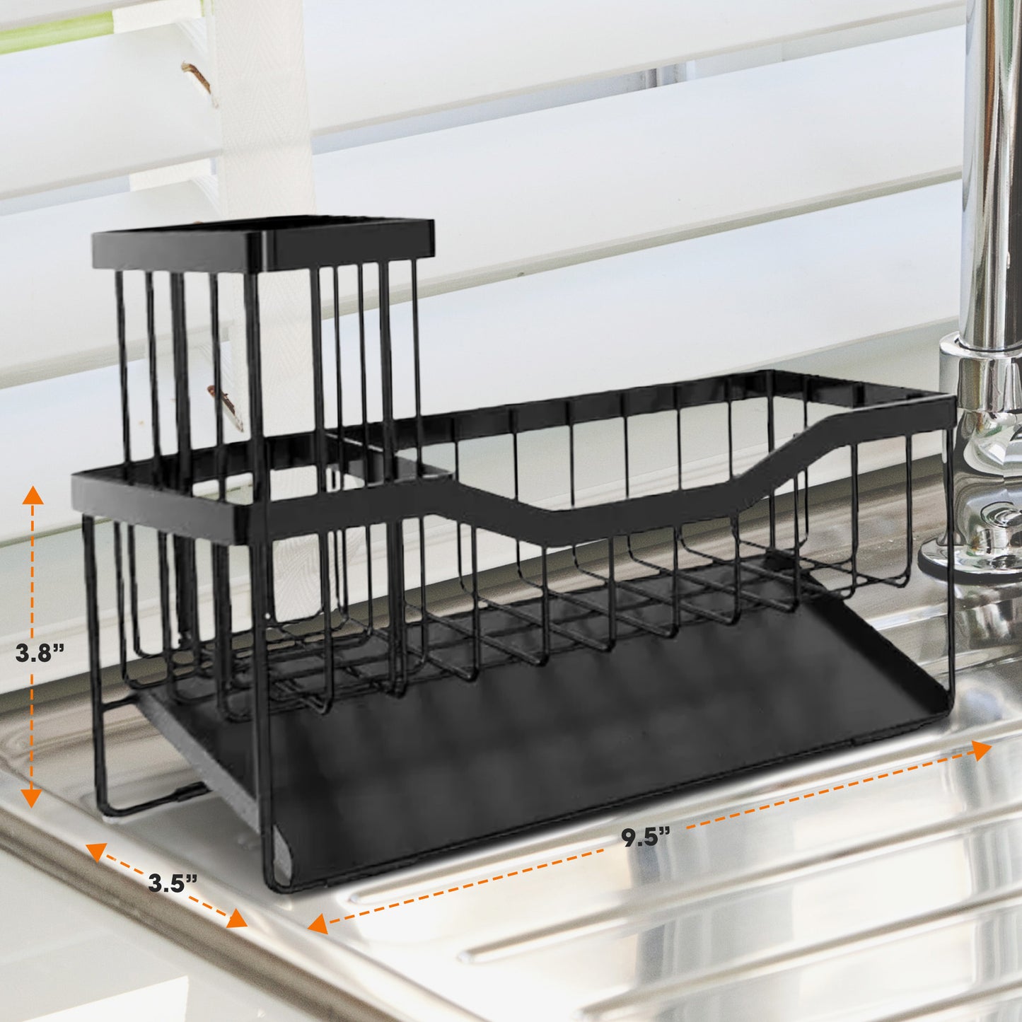 Cheer Collection Stainless Steel Sink Caddy Sponge Holder with Drain Tray and Brush Organizer