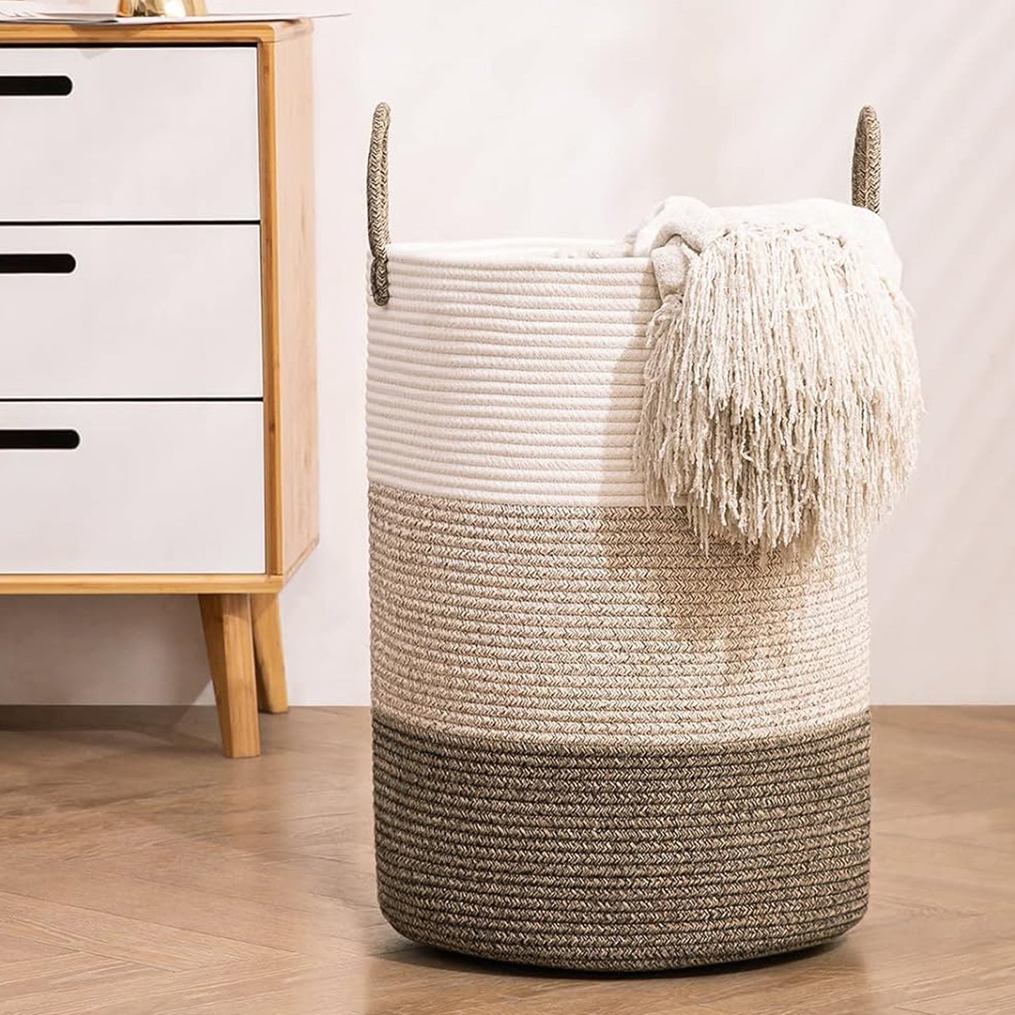 Cheer Collection Large Cotton Rope Laundry Hamper 16 x 16 x 22 Inch Versatile Storage Basket