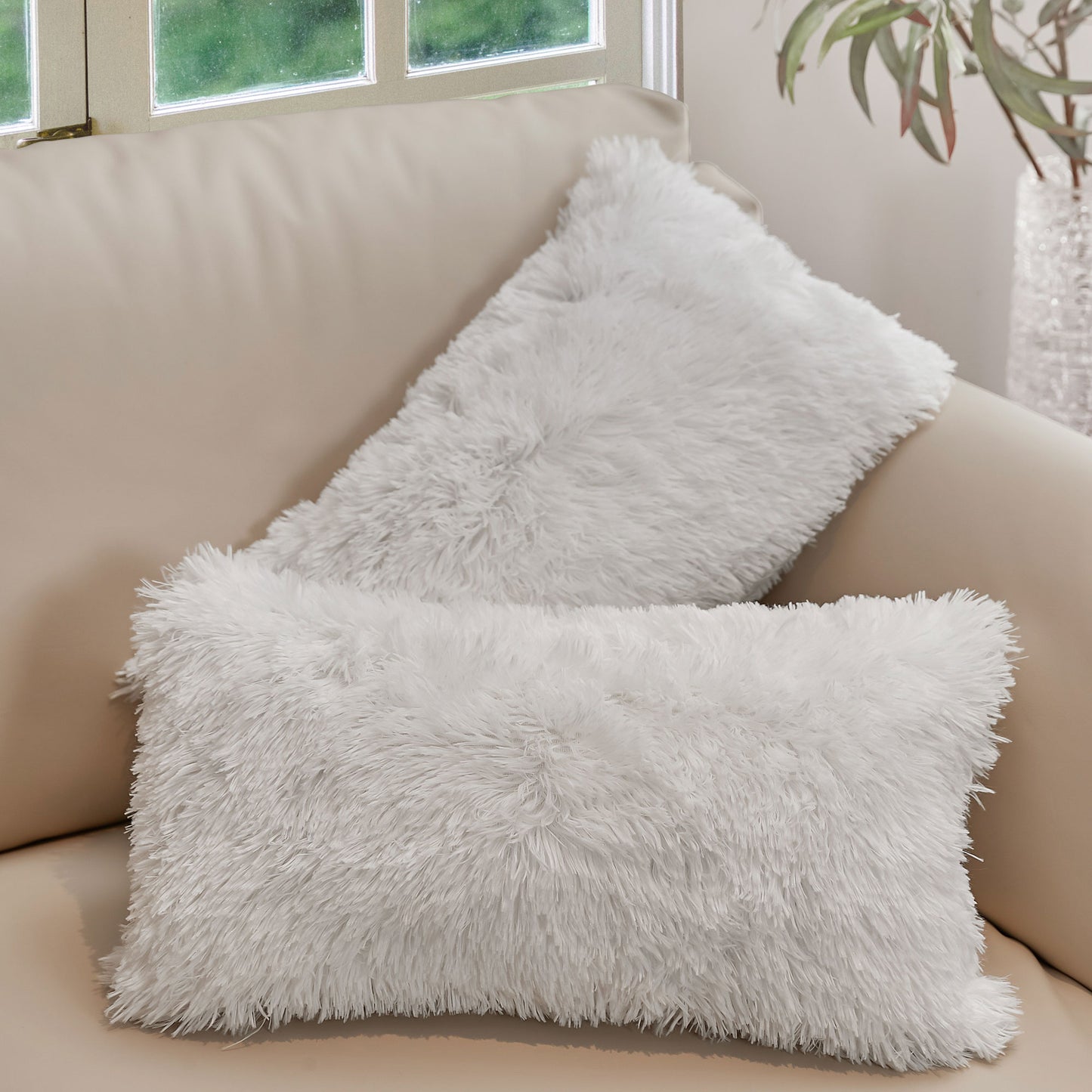 Cheer Collection Shaggy Long Hair Throw Pillows - Super Soft and Plush Faux Fur Lumbar Accent Pillows - 12 x 20 - Set of 2