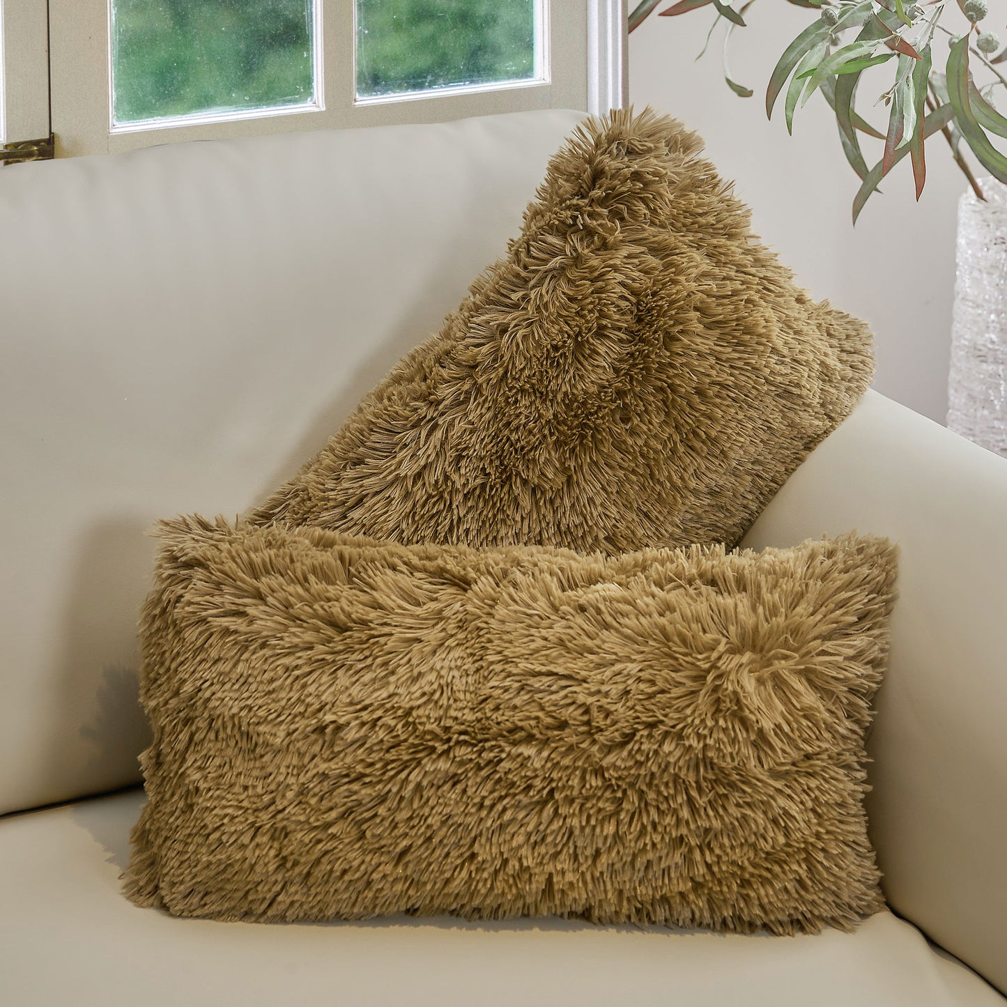 Cheer Collection Shaggy Long Hair Throw Pillows - Super Soft and Plush Faux Fur Lumbar Accent Pillows - 12 x 20 - Set of 2