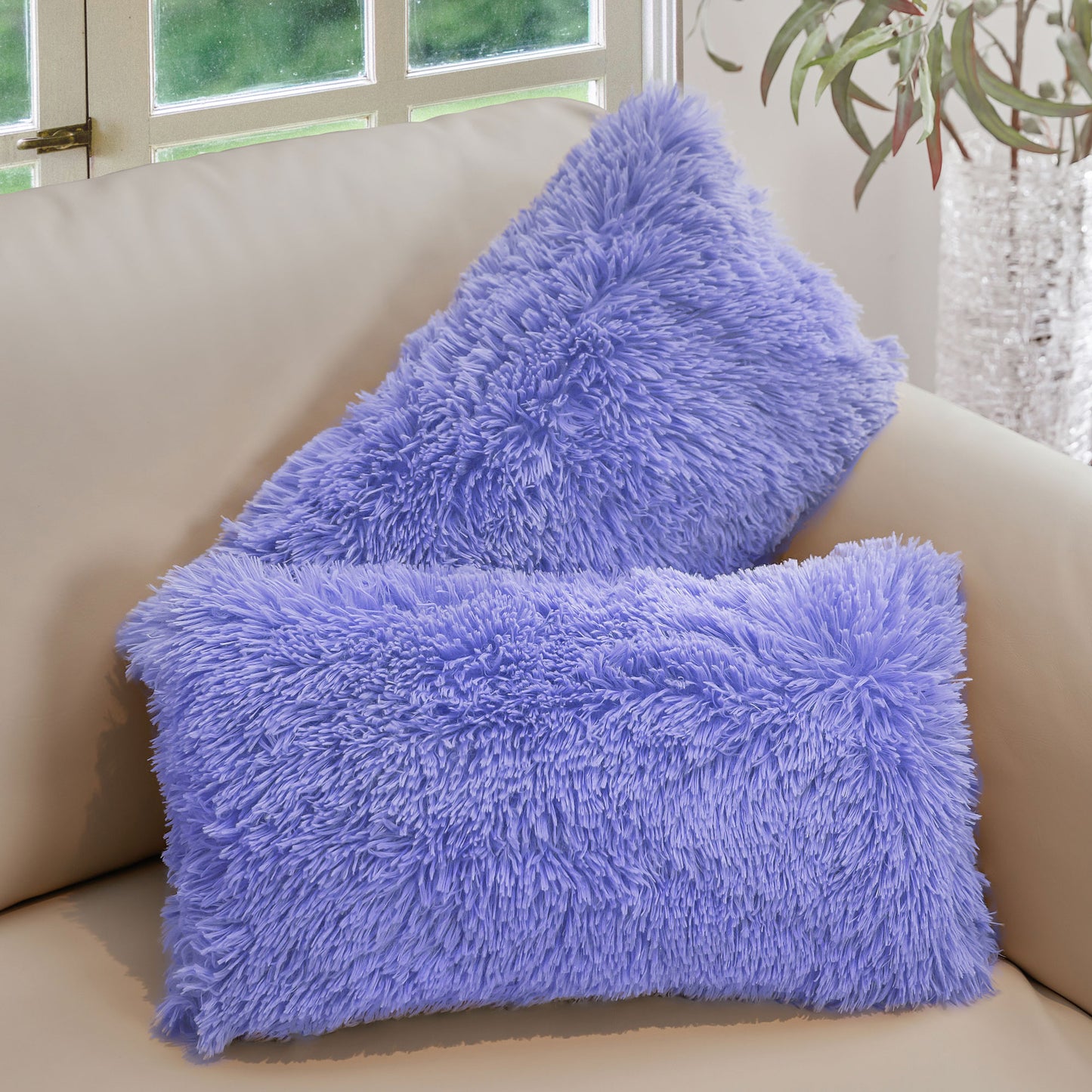 Cheer Collection Shaggy Long Hair Throw Pillows - Super Soft and Plush Faux Fur Lumbar Accent Pillows - 12 x 20 - Set of 2