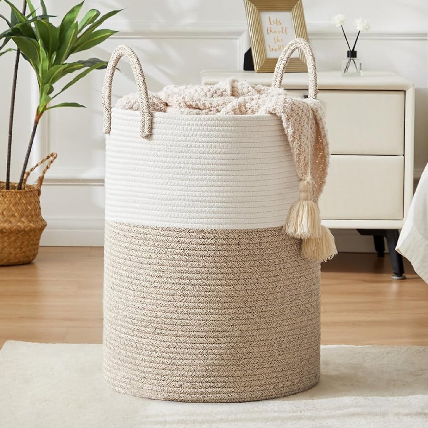 Cheer Collection Large Cotton Rope Laundry Hamper 16 x 16 x 22 Inch Versatile Storage Basket