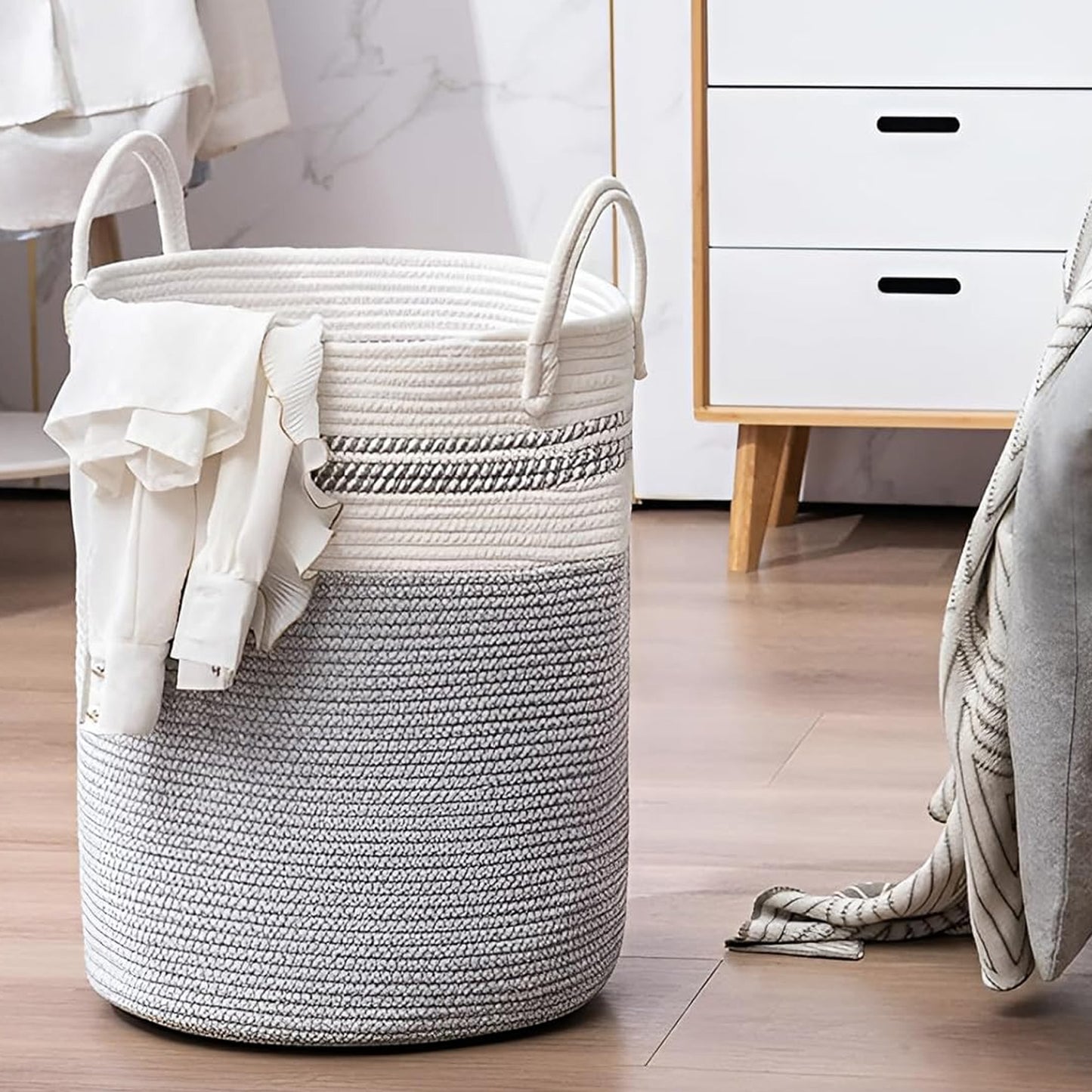 Cheer Collection Large Cotton Rope Laundry Hamper 16 x 16 x 22 Inch Versatile Storage Basket