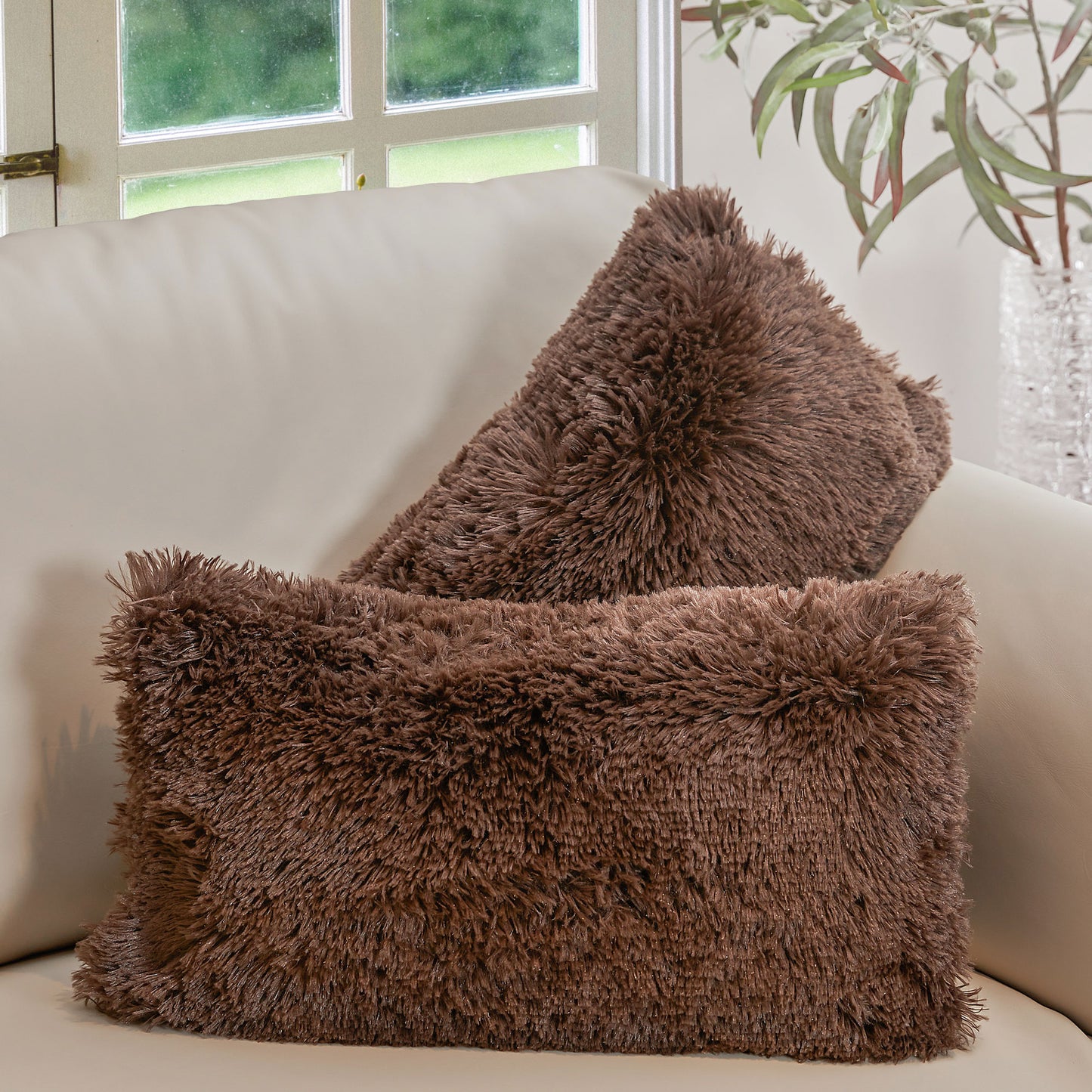 Cheer Collection Shaggy Long Hair Throw Pillows - Super Soft and Plush Faux Fur Lumbar Accent Pillows - 12 x 20 - Set of 2