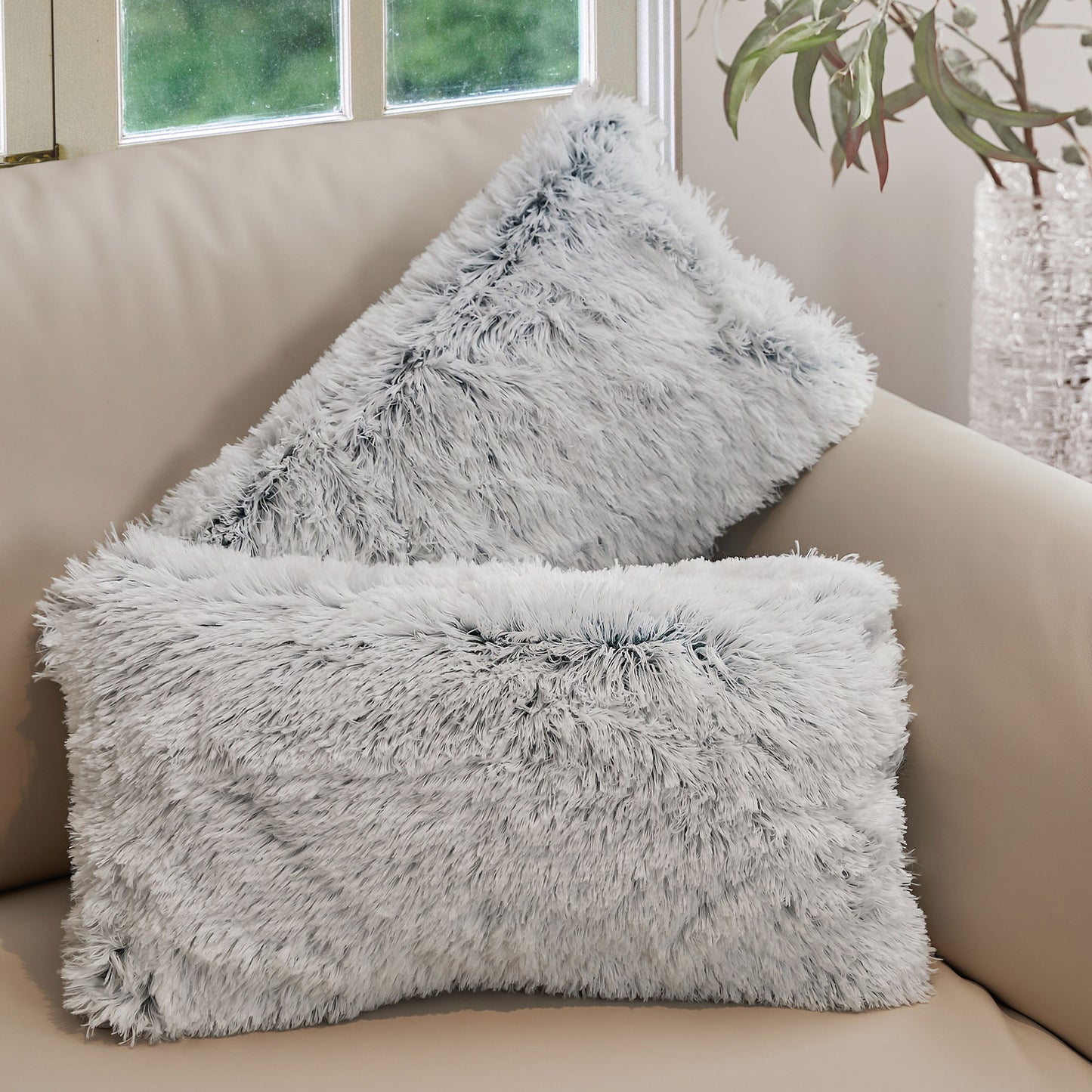 Cheer Collection Shaggy Long Hair Throw Pillows - Super Soft and Plush Faux Fur Lumbar Accent Pillows - 12 x 20 - Set of 2