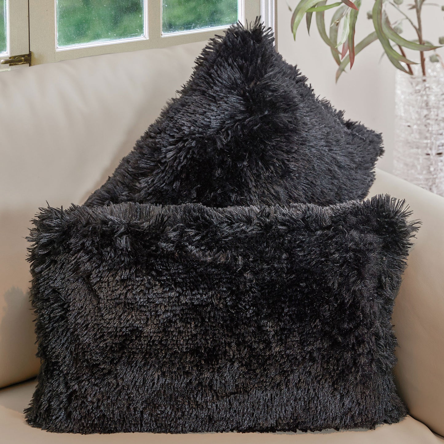 Cheer Collection Shaggy Long Hair Throw Pillows - Super Soft and Plush Faux Fur Lumbar Accent Pillows - 12 x 20 - Set of 2
