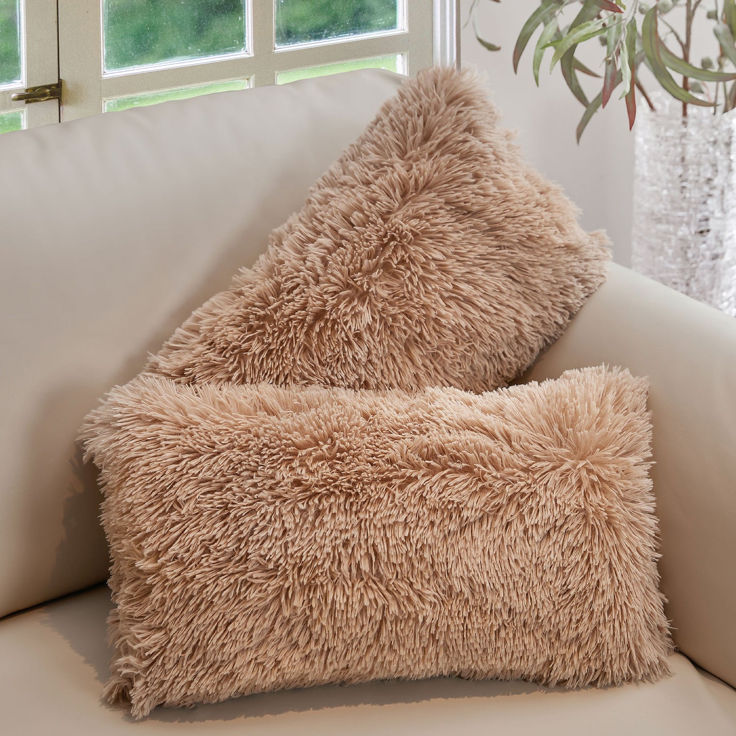 Cheer Collection Shaggy Long Hair Throw Pillows - Super Soft and Plush Faux Fur Lumbar Accent Pillows - 12 x 20 - Set of 2