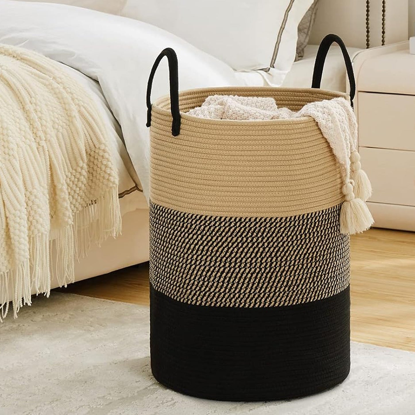 Cheer Collection Large Cotton Rope Laundry Hamper 16 x 16 x 22 Inch Versatile Storage Basket
