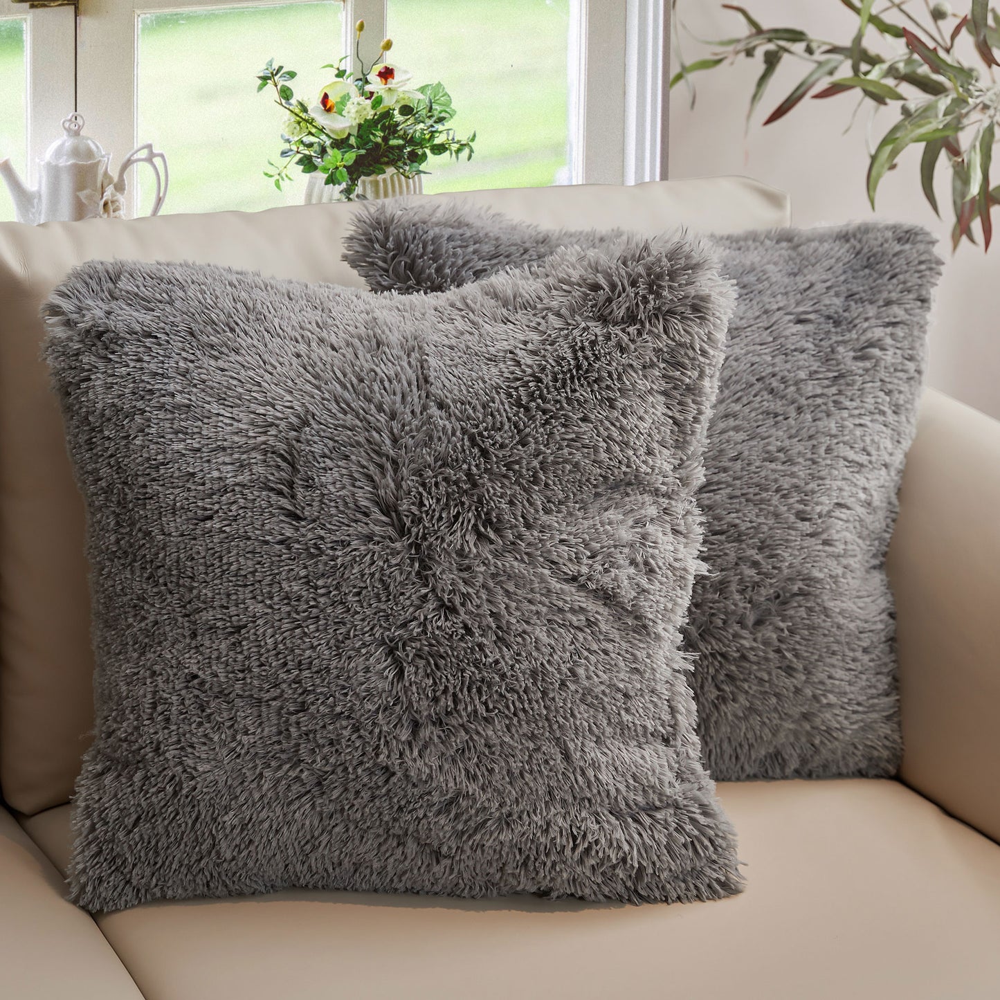 Cheer Collection Set of 2 Shaggy Long Hair Throw Pillows | Super Soft and Plush Faux Fur Accent Pillows - 18 x 18 inches