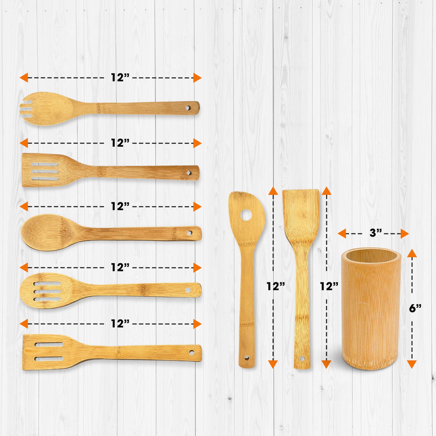 Cheer Collection 8 Piece Bamboo Cooking Utensil Set with Holder – Natural Wooden Tools