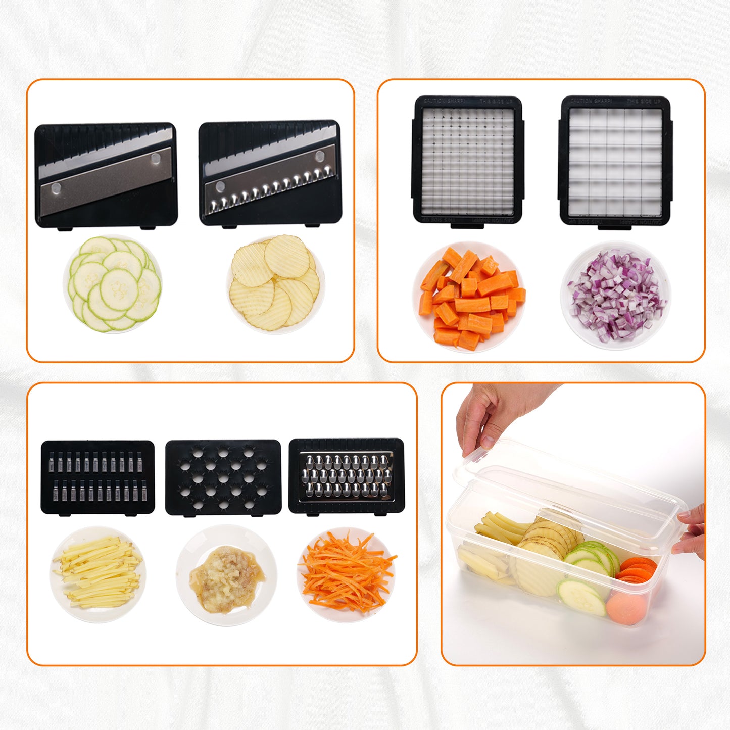 Cheer Collection 7 Blade Vegetable Slicer and Chopper with Container and Lid Black and White