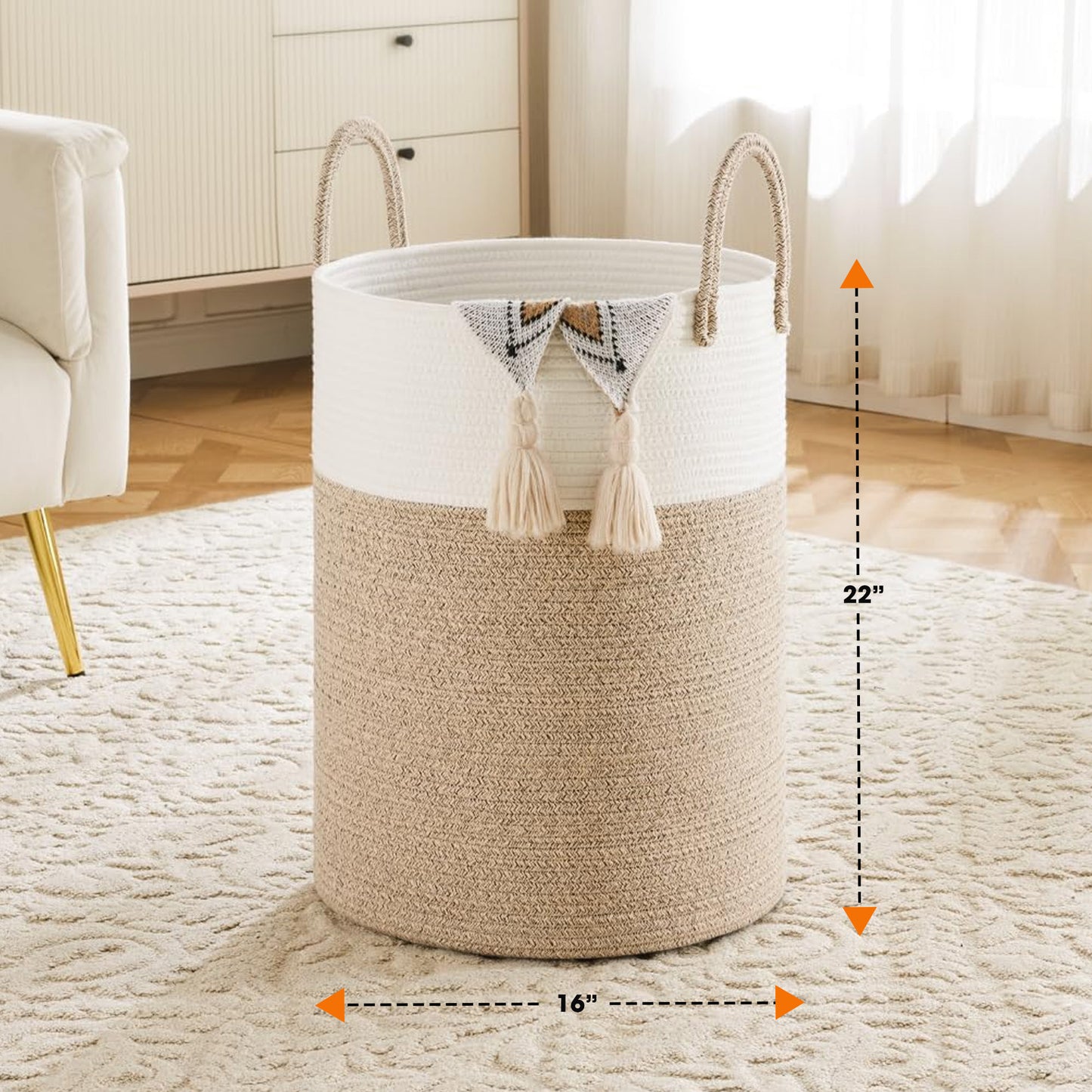 Cheer Collection Large Cotton Rope Laundry Hamper 16 x 16 x 22 Inch Versatile Storage Basket