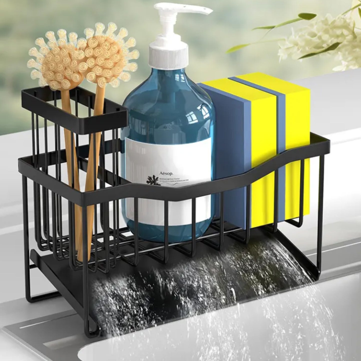 Cheer Collection Stainless Steel Sink Caddy Sponge Holder with Drain Tray and Brush Organizer