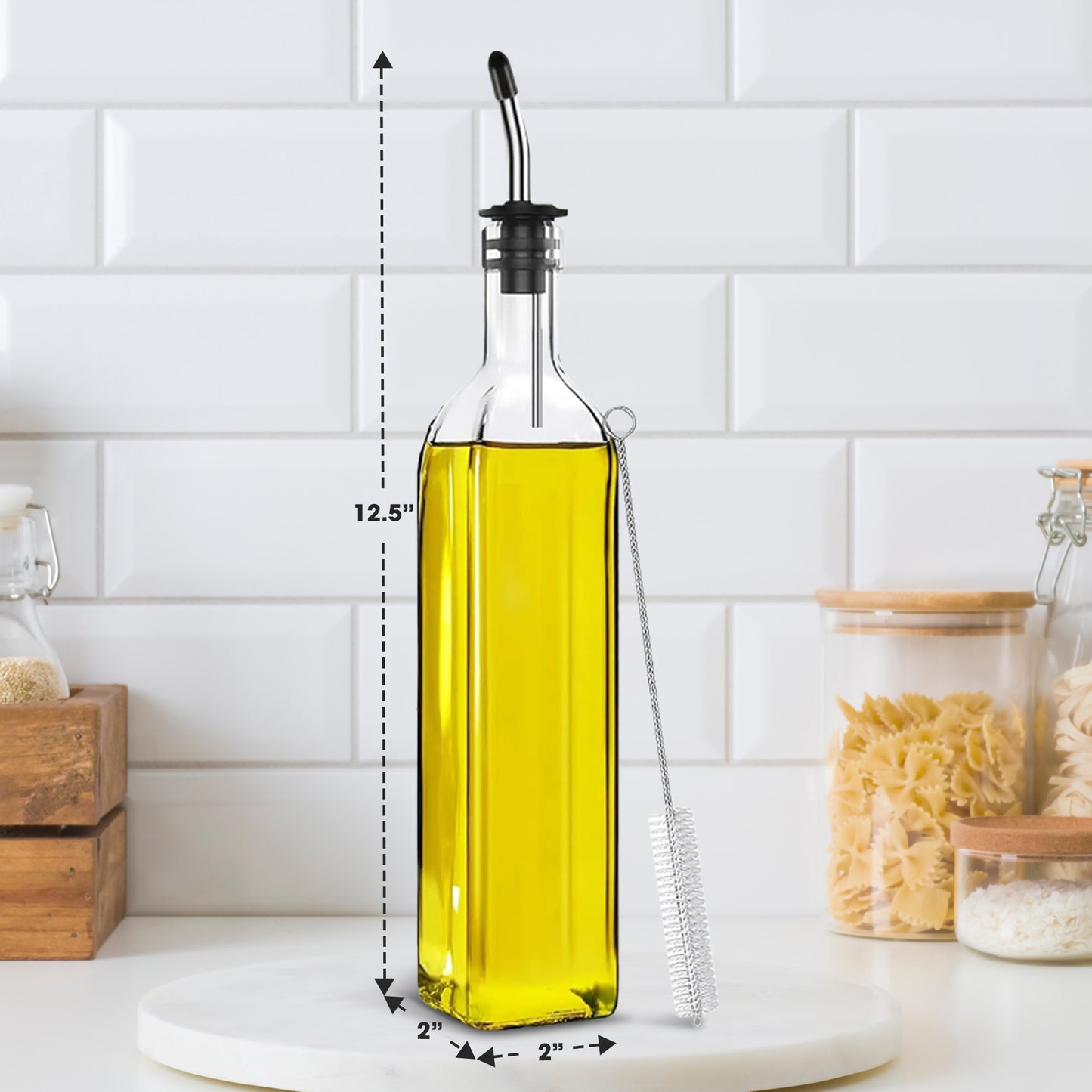 Cheer Collection 2 Pack Glass Olive Oil Dispenser Set 17oz with Funnel Brush Spouts and Labels