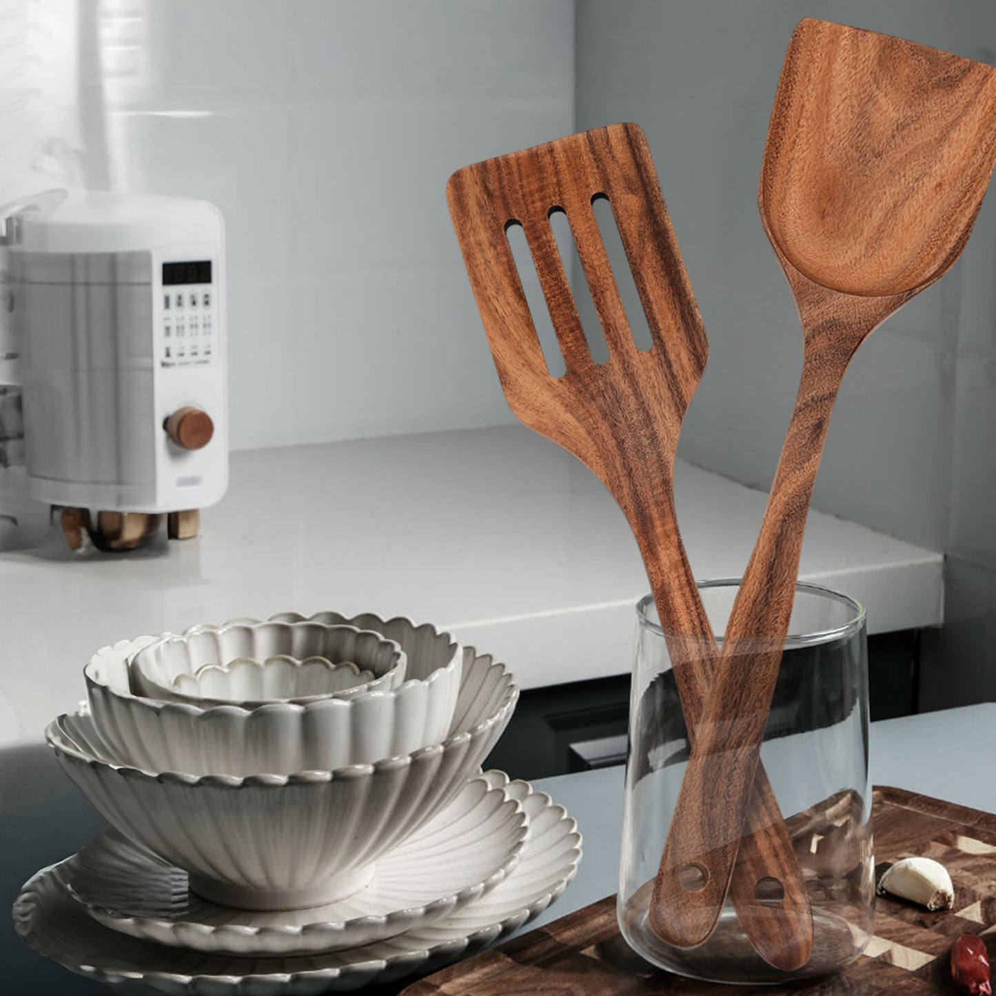Cheer Collection 7 Piece Elegant Wooden Kitchen Utensils Set