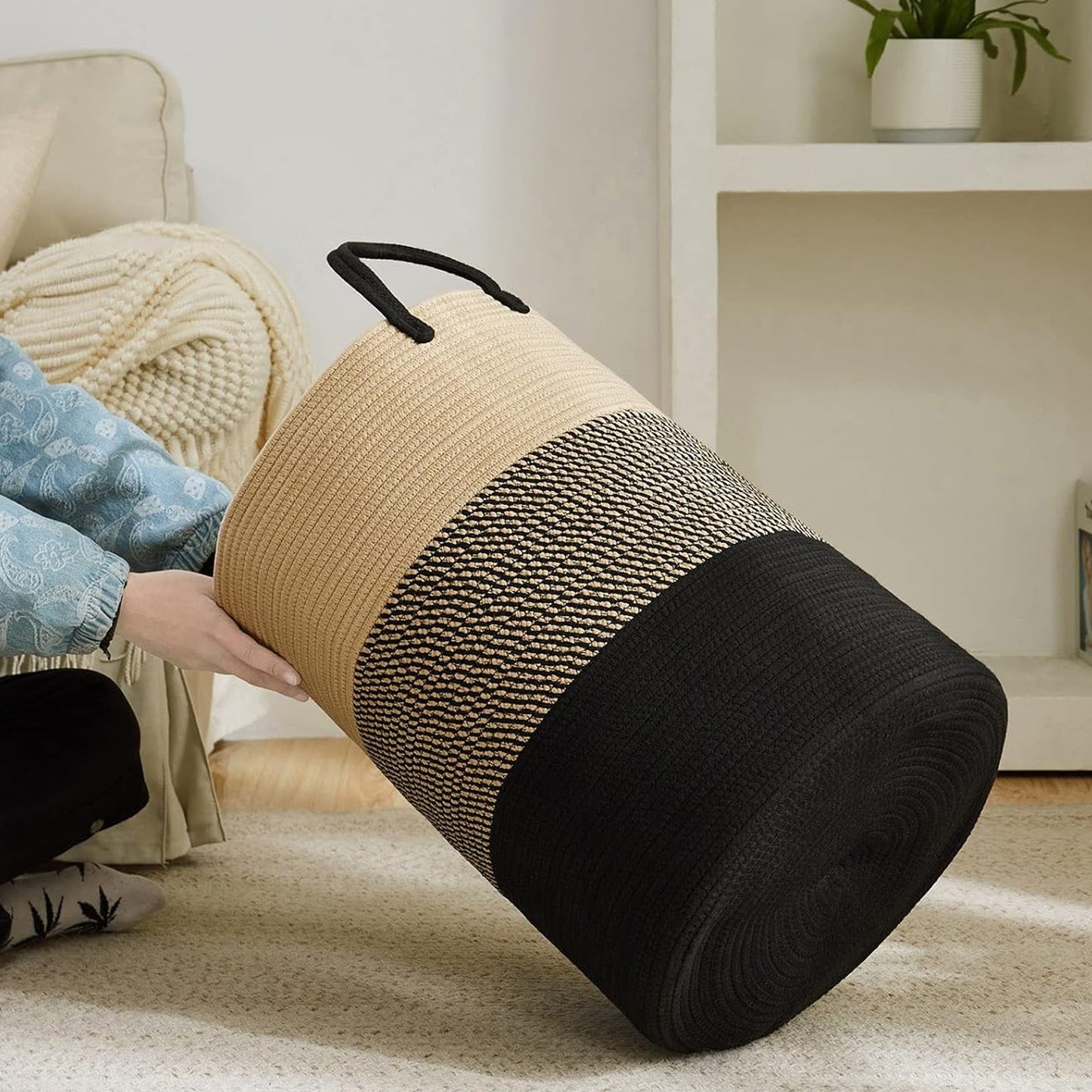 Cheer Collection Large Cotton Rope Laundry Hamper 16 x 16 x 22 Inch Versatile Storage Basket