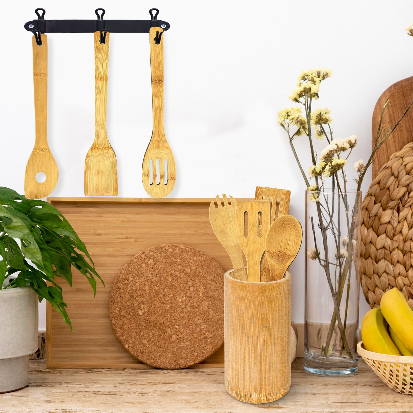 Cheer Collection 8 Piece Bamboo Cooking Utensil Set with Holder – Natural Wooden Tools