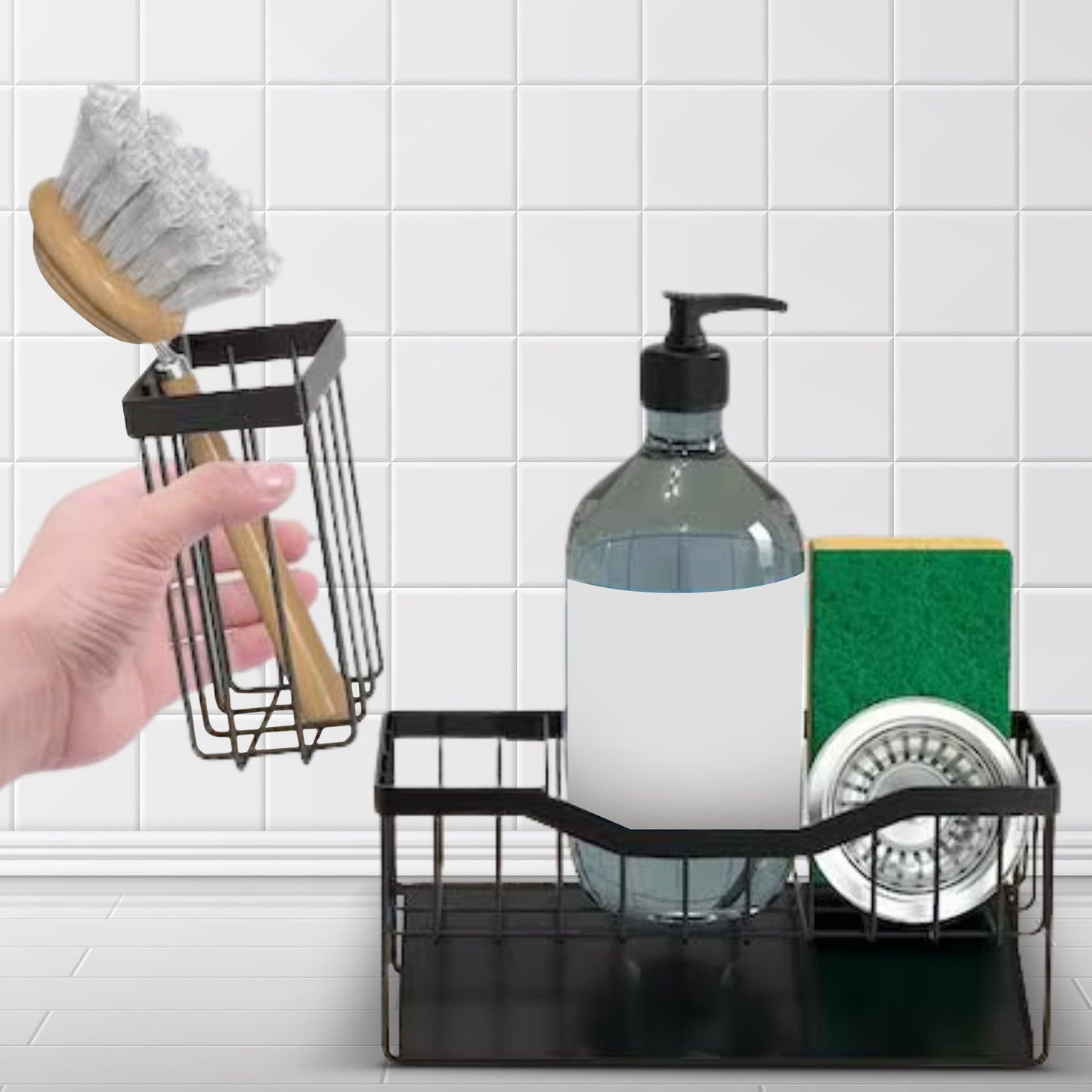Cheer Collection Stainless Steel Sink Caddy Sponge Holder with Drain Tray and Brush Organizer