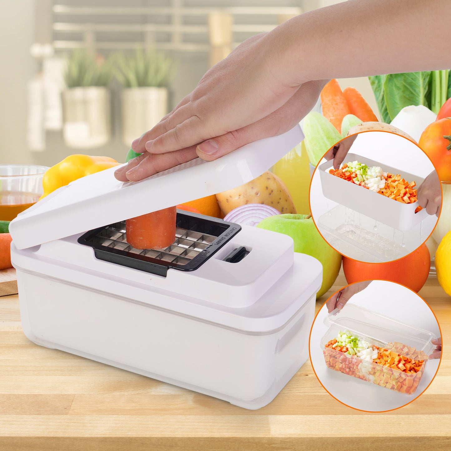 Cheer Collection 7 Blade Vegetable Slicer and Chopper with Container and Lid Black and White