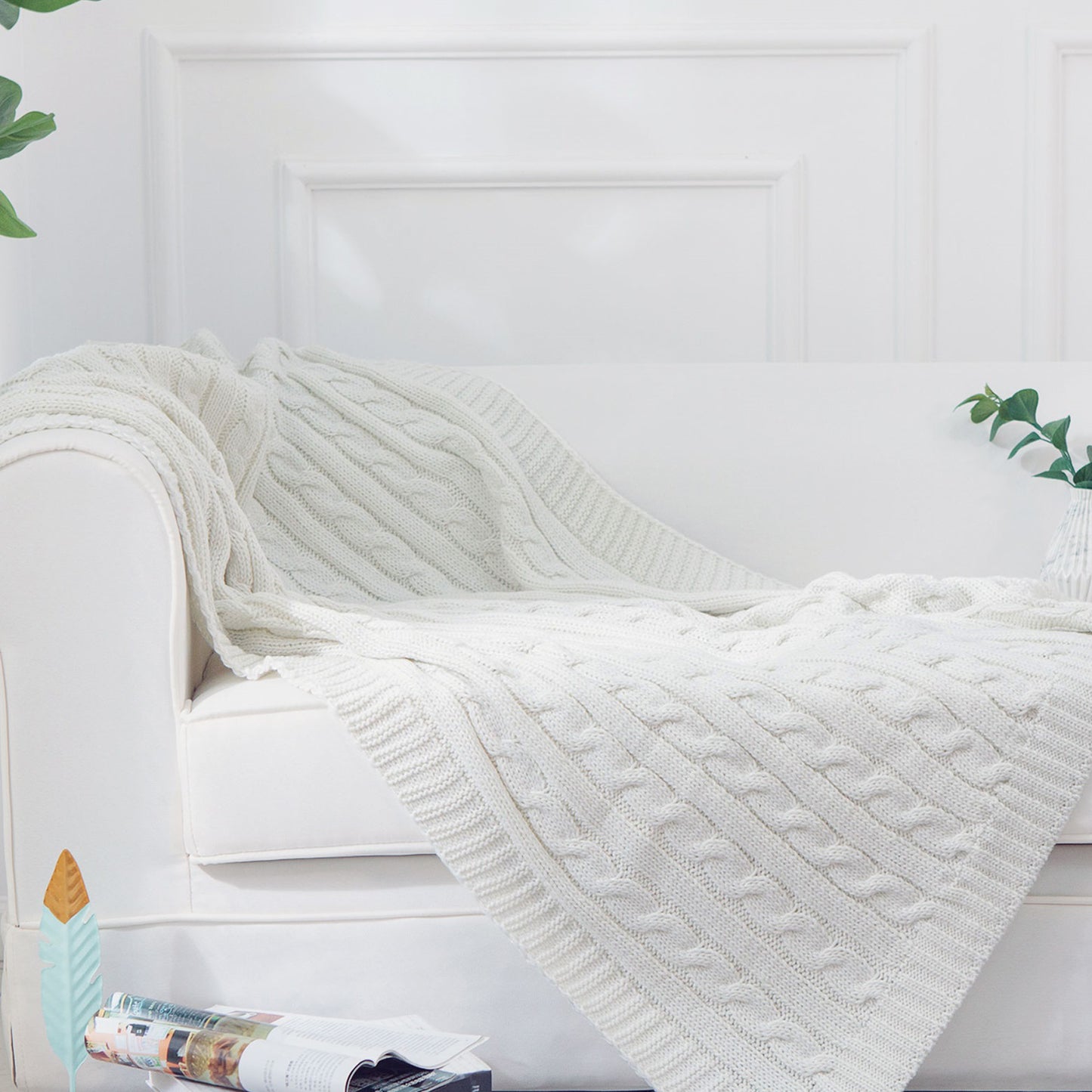Cheer Collection Knitted Throw Blanket, Soft Cable Knit 100% Acrylic Accent Throw - Ivory, 50" x 60"