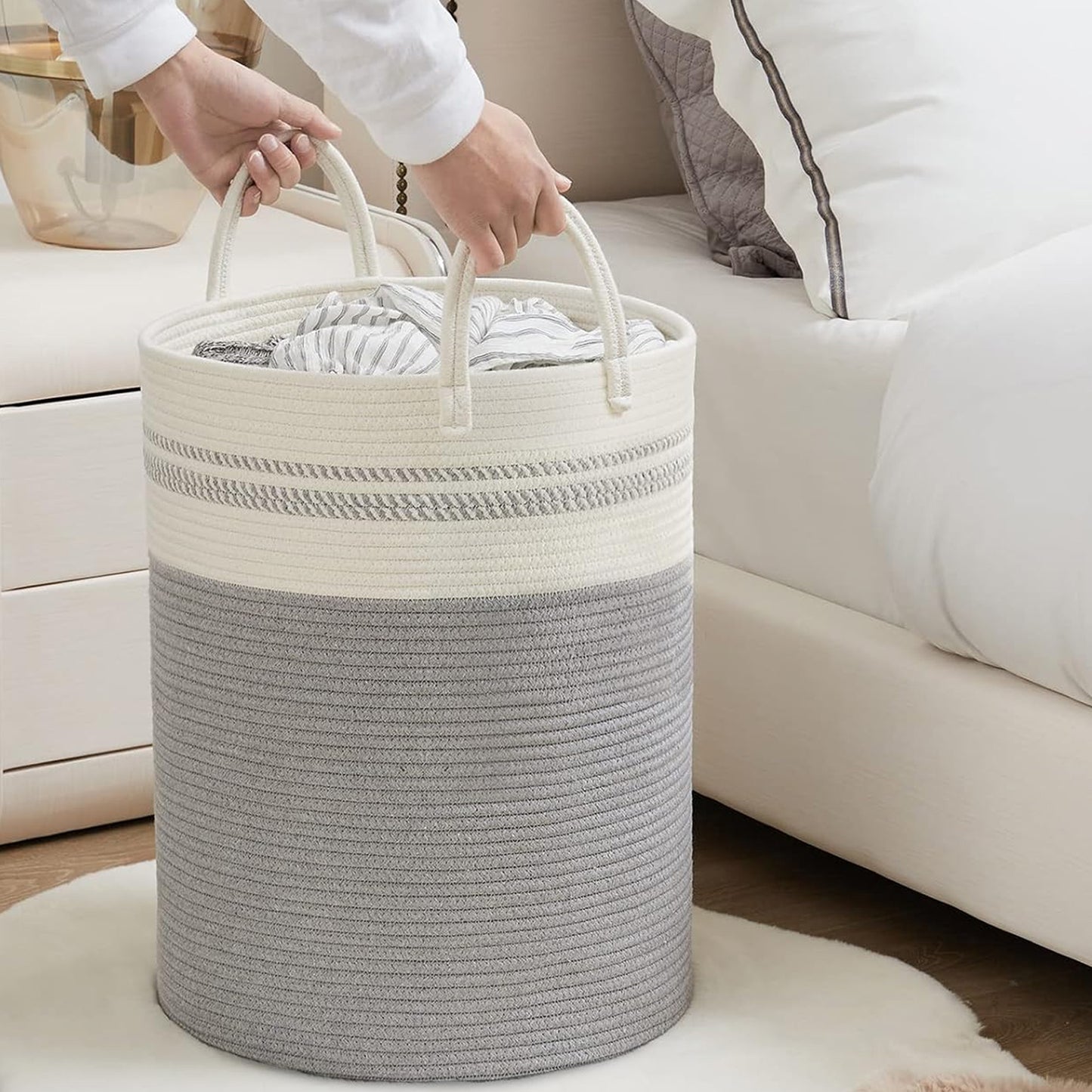 Cheer Collection Large Cotton Rope Laundry Hamper 16 x 16 x 22 Inch Versatile Storage Basket