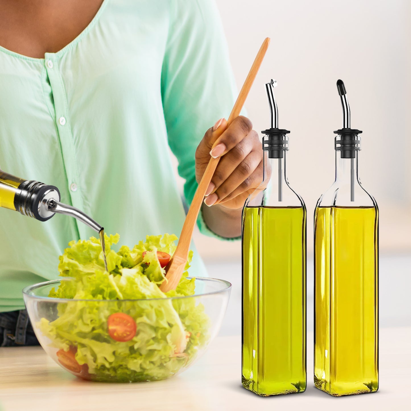 Cheer Collection 2 Pack Glass Olive Oil Dispenser Set 17oz with Funnel Brush Spouts and Labels