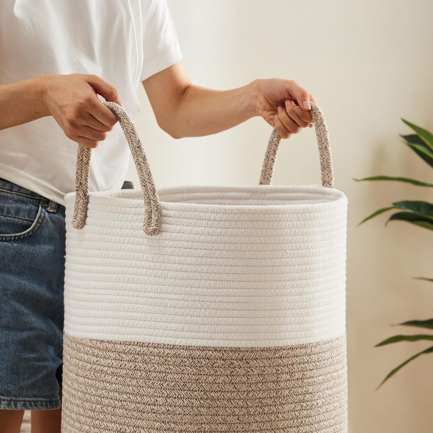 Cheer Collection Large Cotton Rope Laundry Hamper 16 x 16 x 22 Inch Versatile Storage Basket