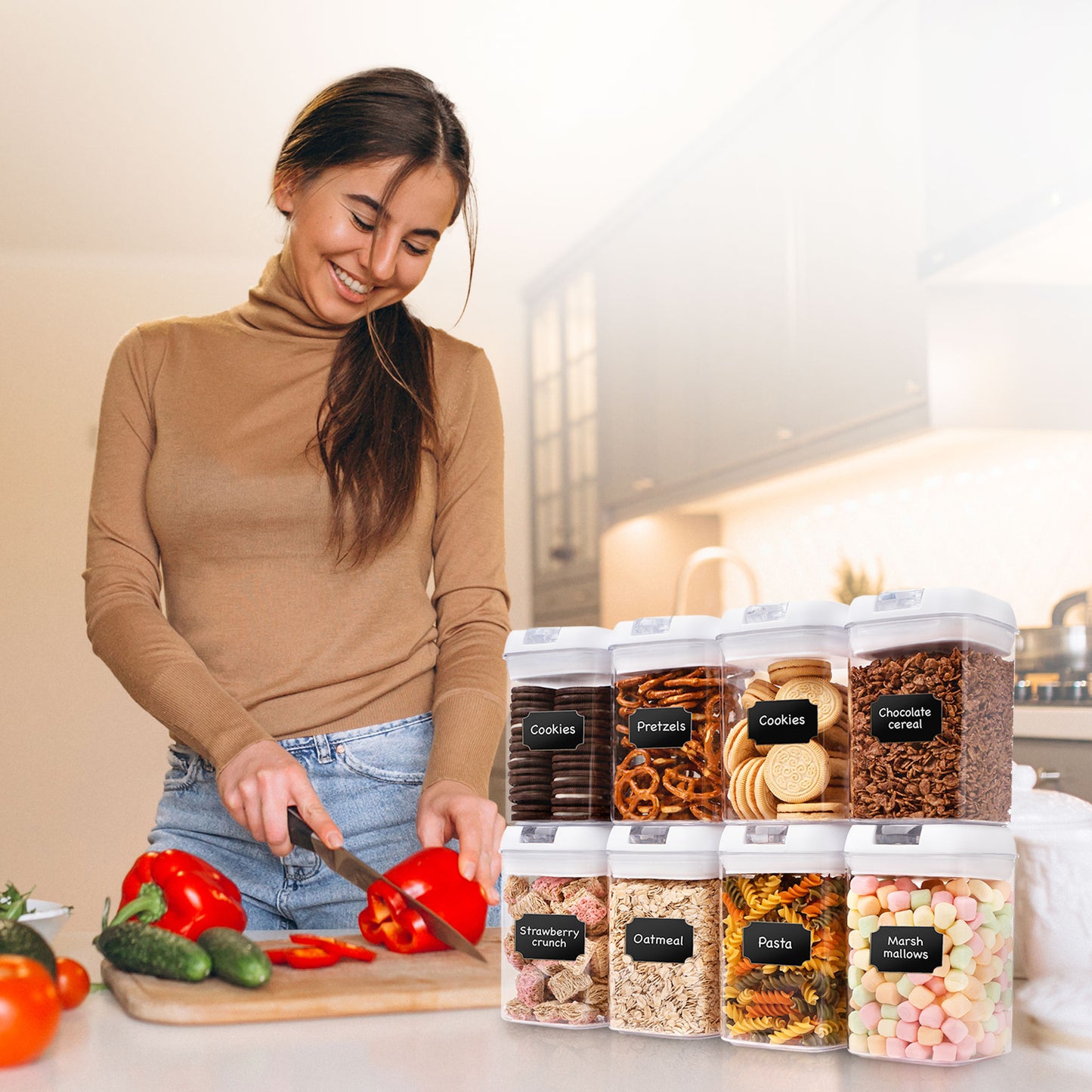 Cheer Collection Airtight Food Storage Containers - Set of 8 Identical 28oz Pantry Bins with Lids - Multiple Colors Available