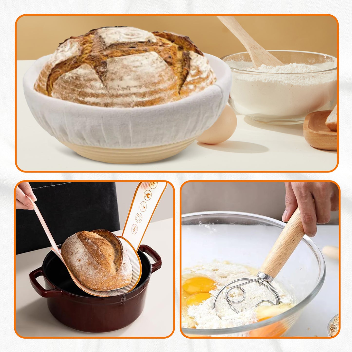 Cheer Collection 2-Piece Bread Proofing Basket Set – Premium Round Rattan Sourdough Banneton Kit with Essential Baking Tools