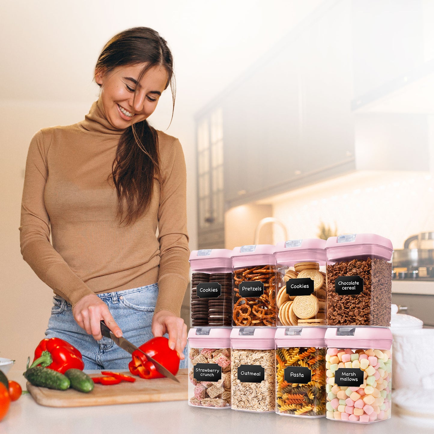 Cheer Collection Airtight Food Storage Containers - Set of 8 Identical 28oz Pantry Bins with Lids - Multiple Colors Available