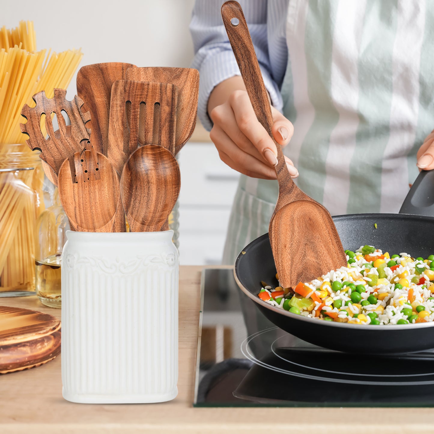 Cheer Collection 7 Piece Elegant Wooden Kitchen Utensils Set