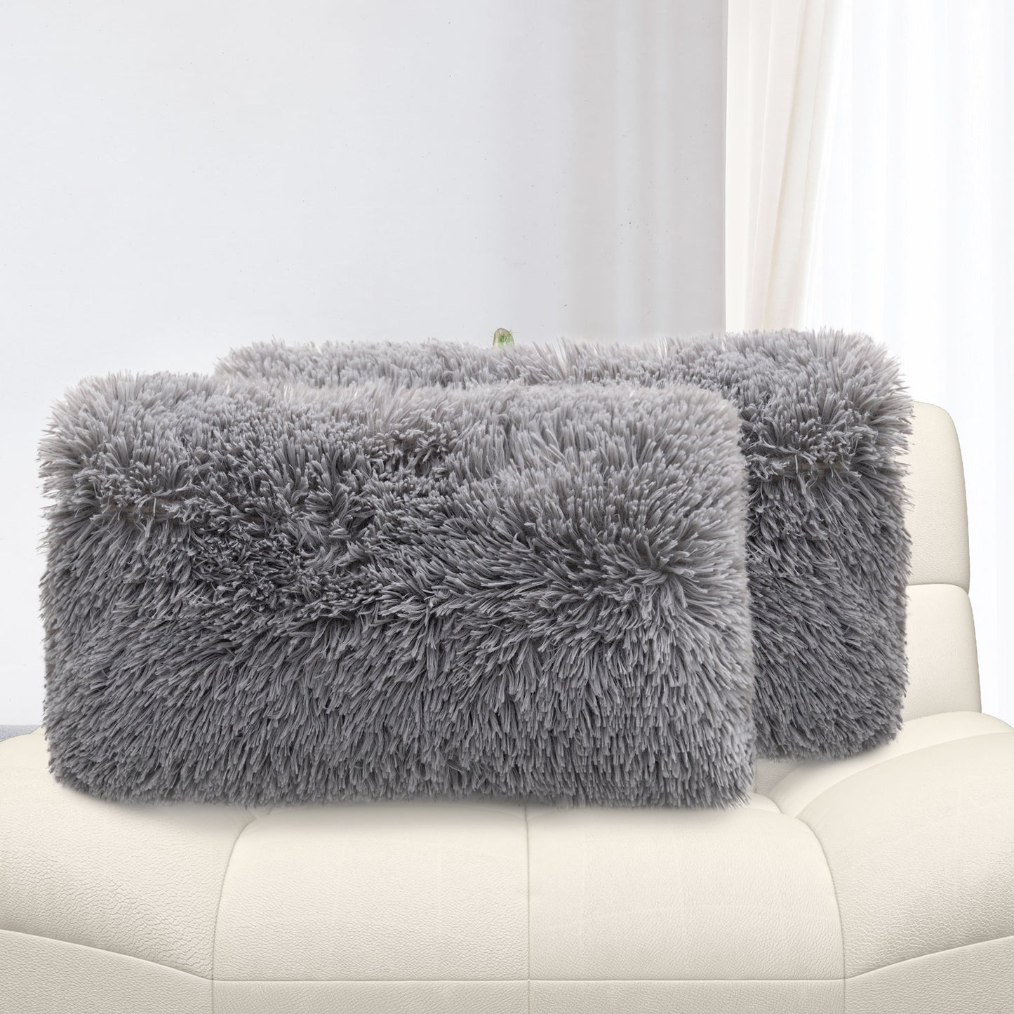 Cheer Collection Shaggy Long Hair Throw Pillows - Super Soft and Plush Faux Fur Lumbar Accent Pillows - 12 x 20 - Set of 2