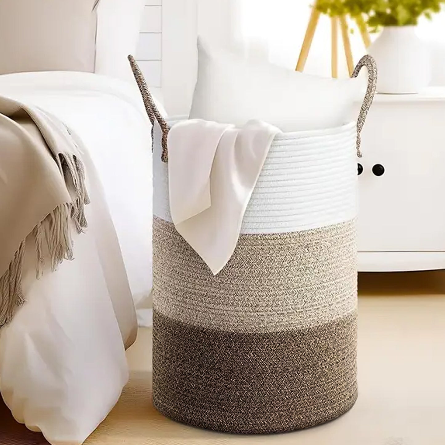 Cheer Collection Large Cotton Rope Laundry Hamper 16 x 16 x 22 Inch Versatile Storage Basket