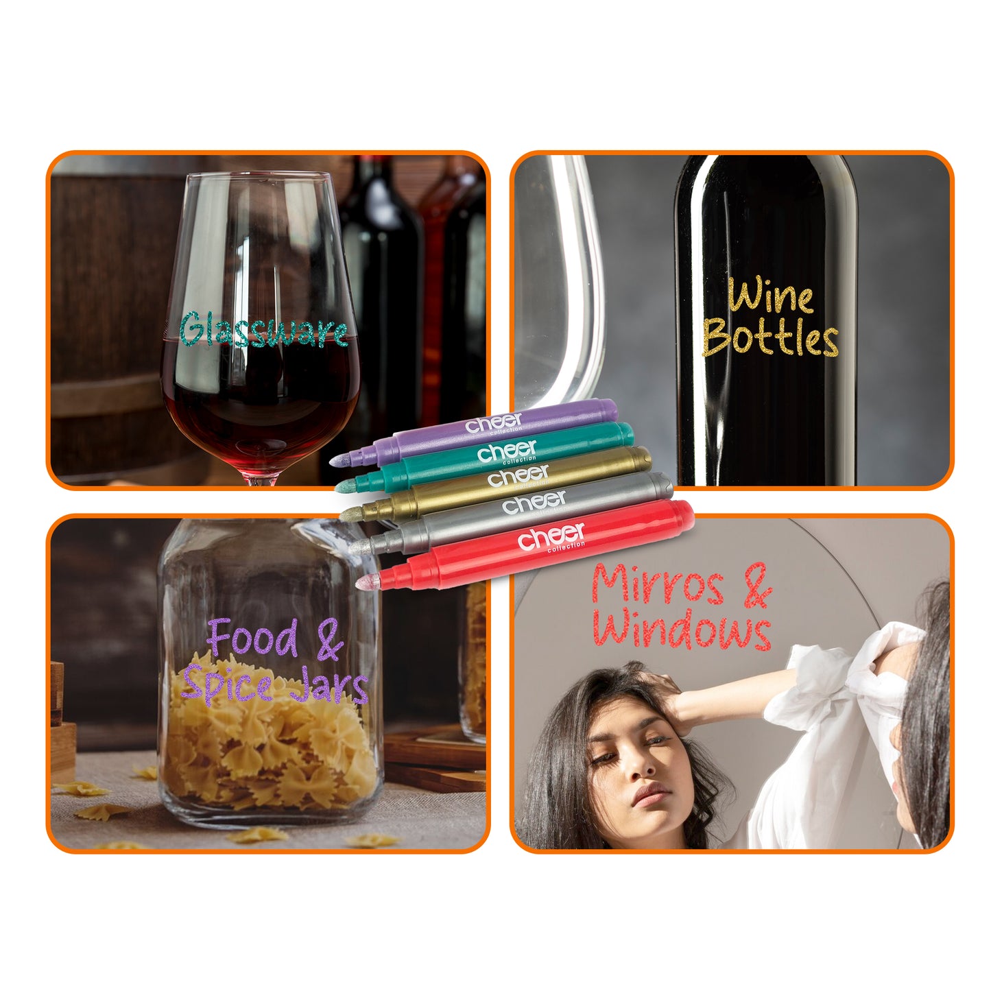 Cheer Collection Metallic Colors Wine Glass Markers, Pack of 5 Washable Pens, Easy Erase, Dries Fast