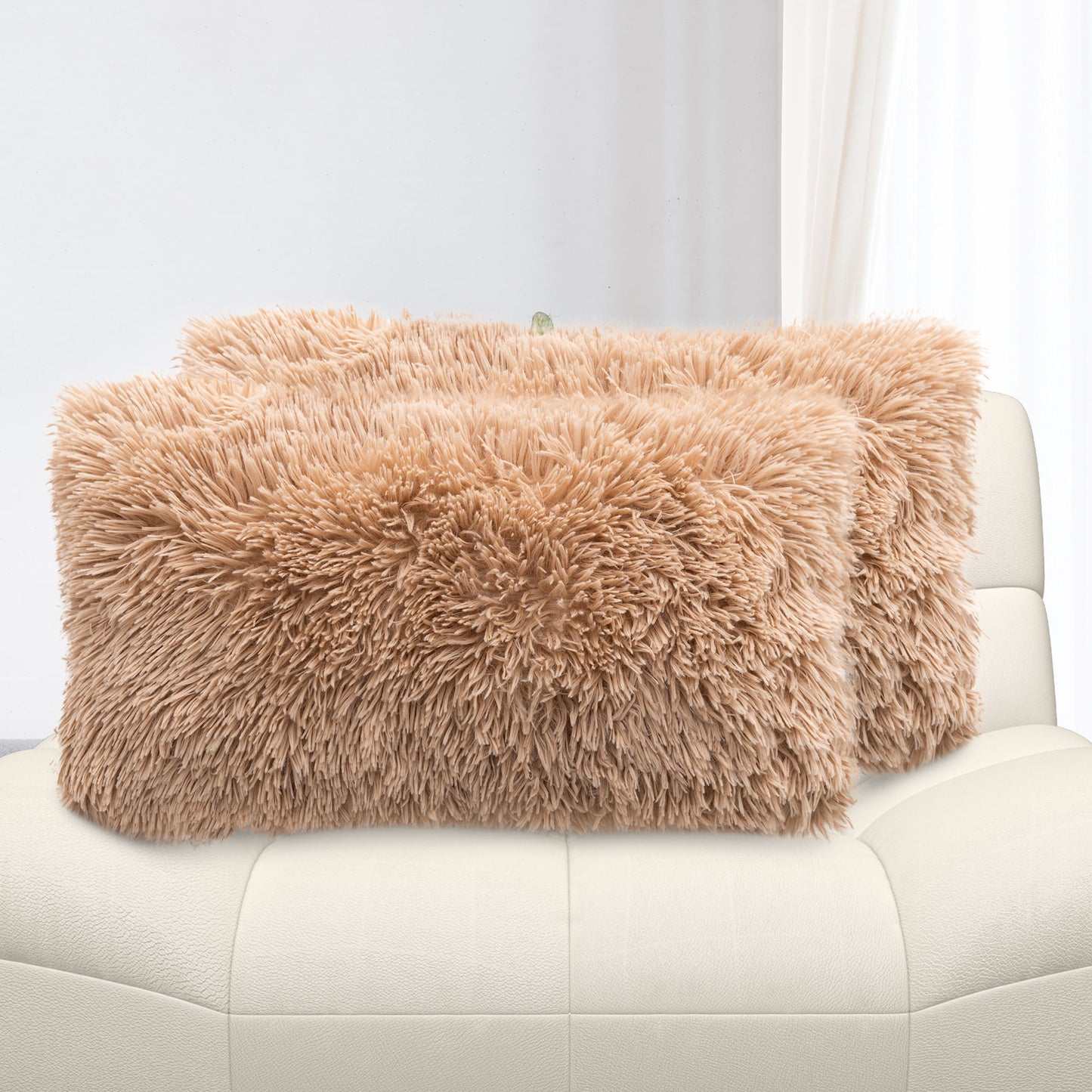 Cheer Collection Shaggy Long Hair Throw Pillows - Super Soft and Plush Faux Fur Lumbar Accent Pillows - 12 x 20 - Set of 2