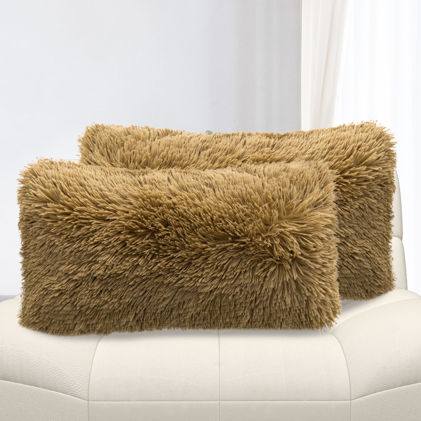 Cheer Collection Shaggy Long Hair Throw Pillows - Super Soft and Plush Faux Fur Lumbar Accent Pillows - 12 x 20 - Set of 2
