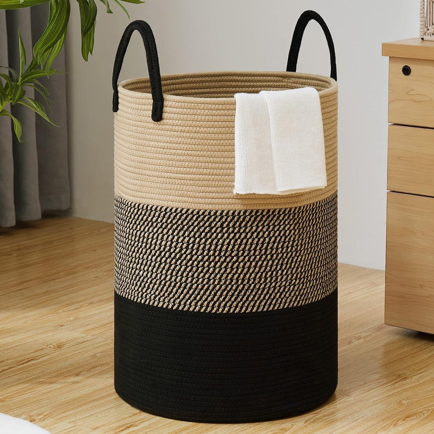 Cheer Collection Large Cotton Rope Laundry Hamper 16 x 16 x 22 Inch Versatile Storage Basket