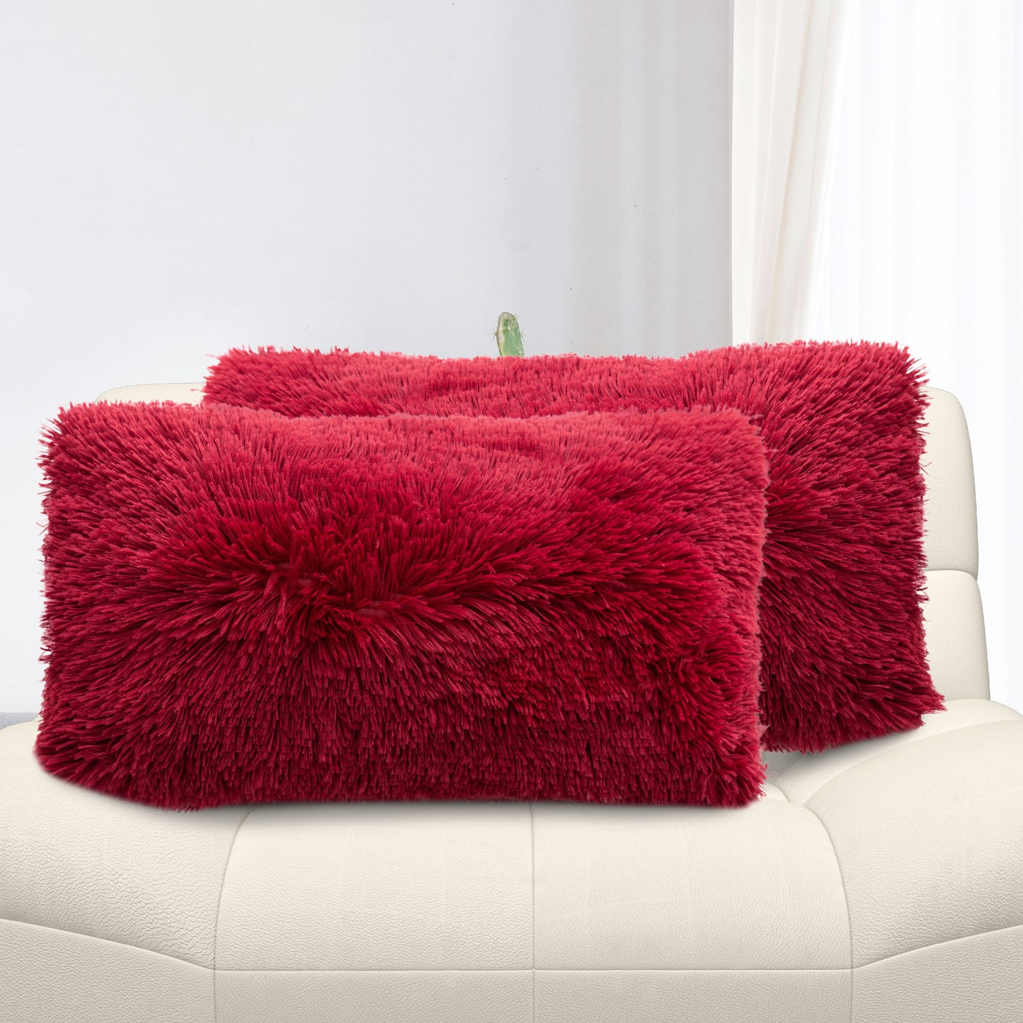 Cheer Collection Shaggy Long Hair Throw Pillows - Super Soft and Plush Faux Fur Lumbar Accent Pillows - 12 x 20 - Set of 2