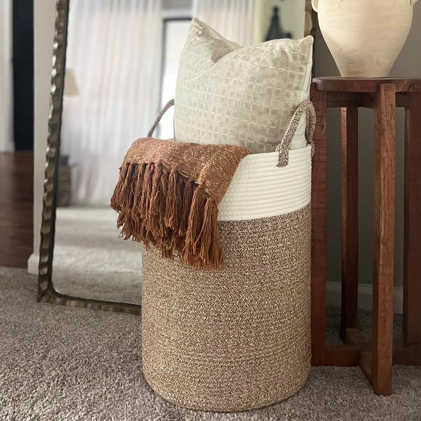 Cheer Collection Large Cotton Rope Laundry Hamper 16 x 16 x 22 Inch Versatile Storage Basket