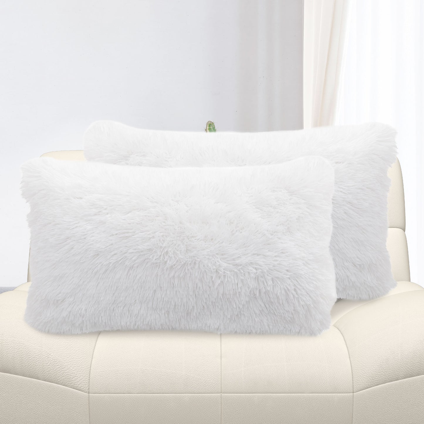 Cheer Collection Shaggy Long Hair Throw Pillows - Super Soft and Plush Faux Fur Lumbar Accent Pillows - 12 x 20 - Set of 2