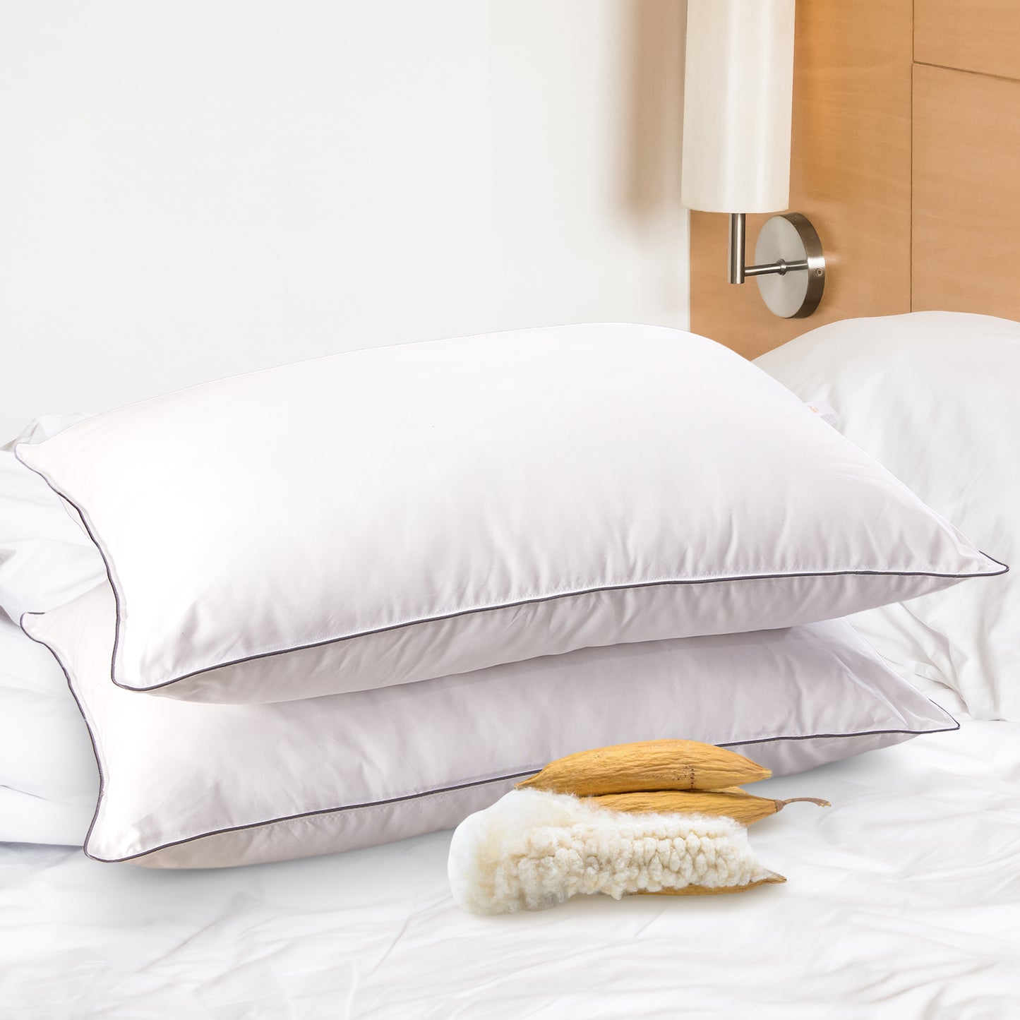 Cheer Collection Set of 2 Organic Kapok Bed Pillows and Sham Inserts - with plush Microfiber Shell