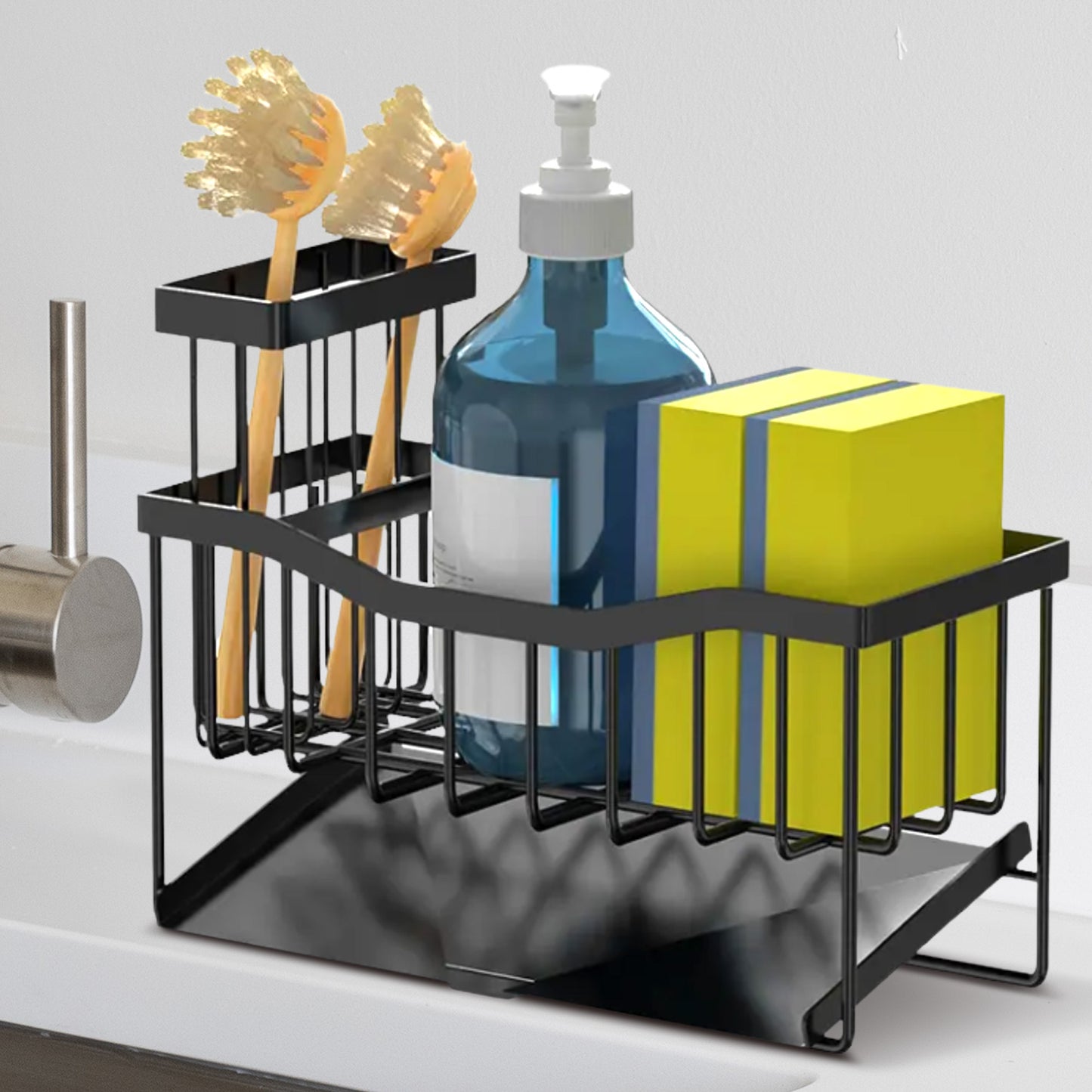 Cheer Collection Stainless Steel Sink Caddy Sponge Holder with Drain Tray and Brush Organizer