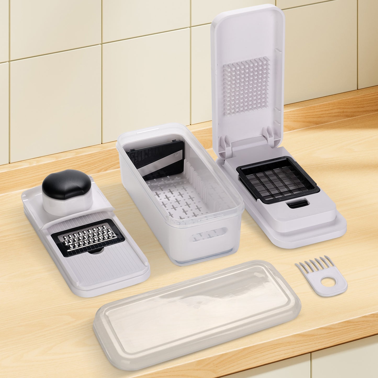 Cheer Collection 7 Blade Vegetable Slicer and Chopper with Container and Lid Black and White